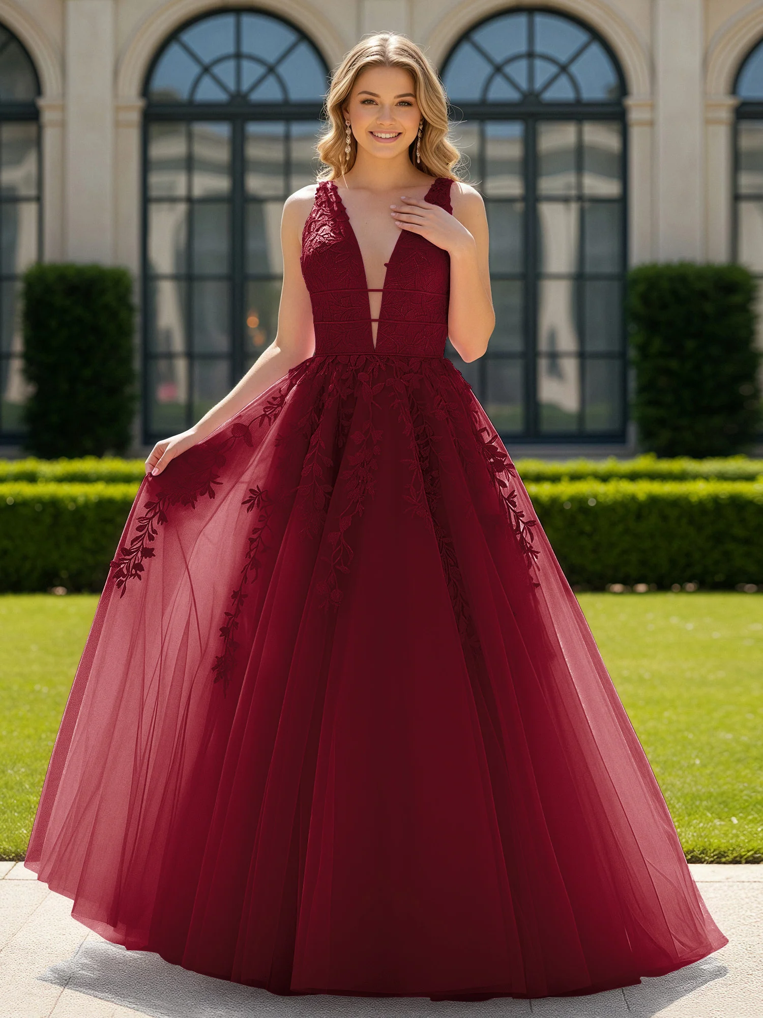 Appliqued Tulle Open Back Plunging V-Neck Prom Dress Burgundy