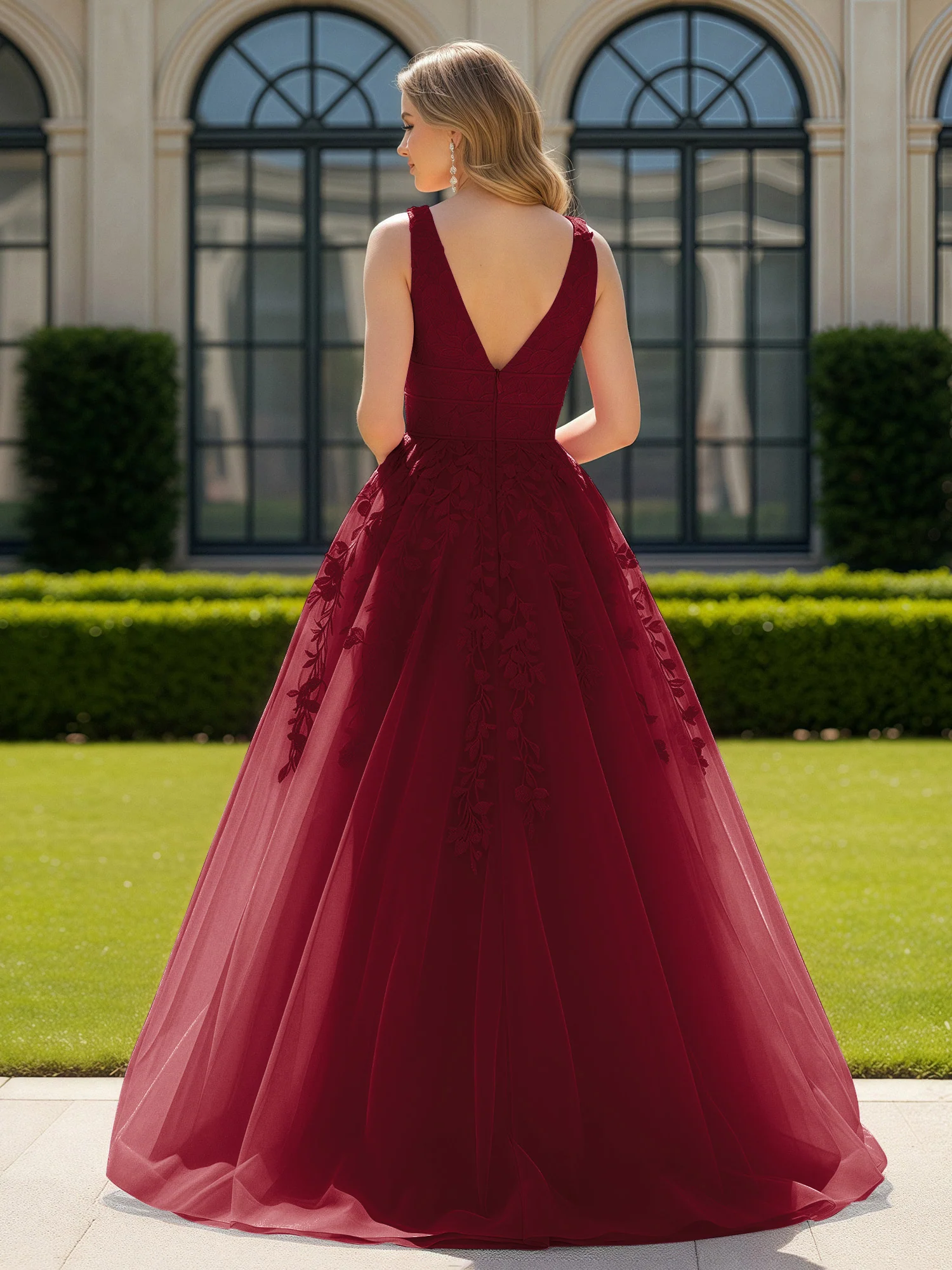 Appliqued Tulle Open Back Plunging V-Neck Prom Dress Burgundy - Image 2