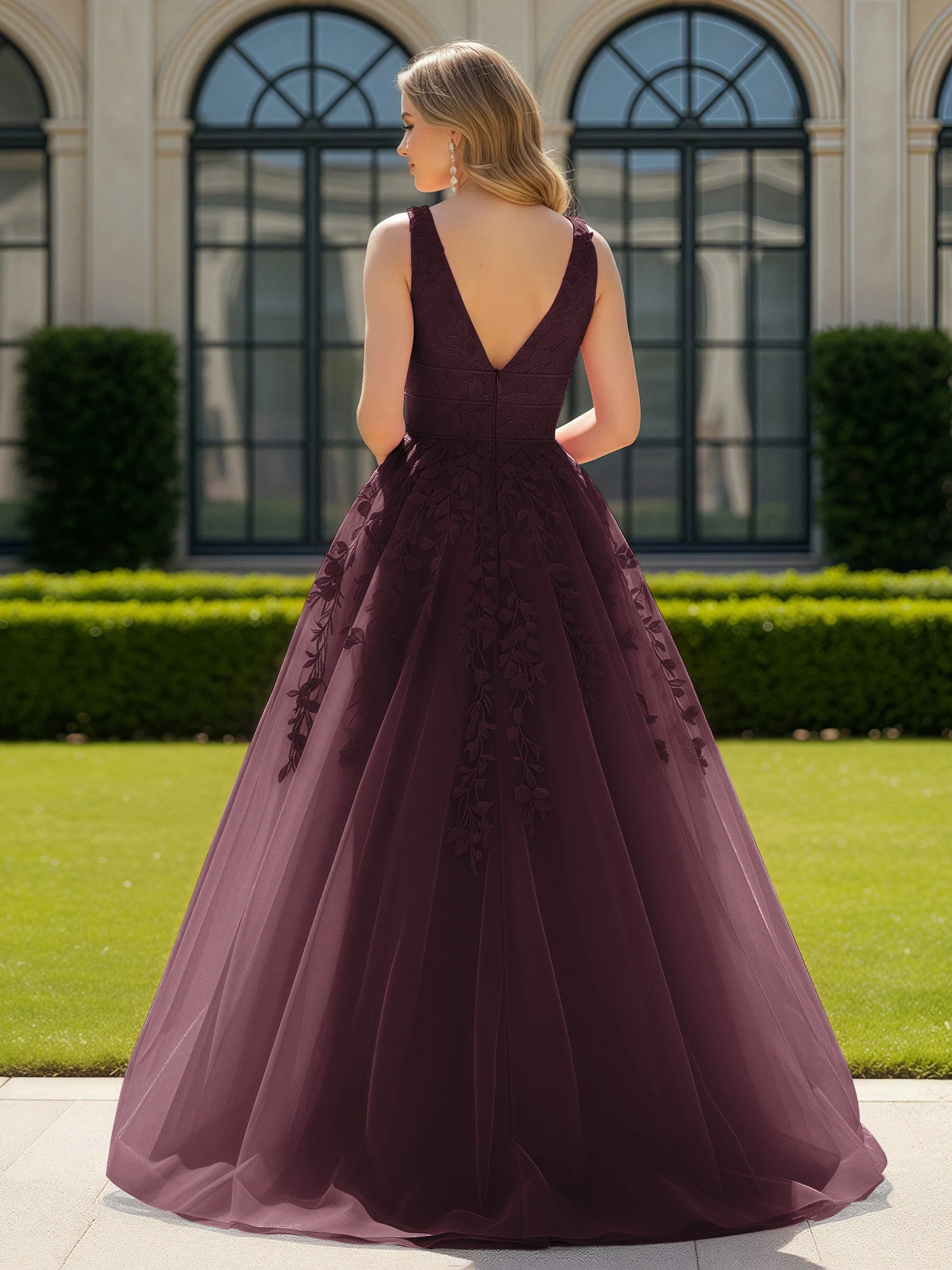 Appliqued Tulle Open Back Plunging V-Neck Prom Dress Cabernet - Image 2