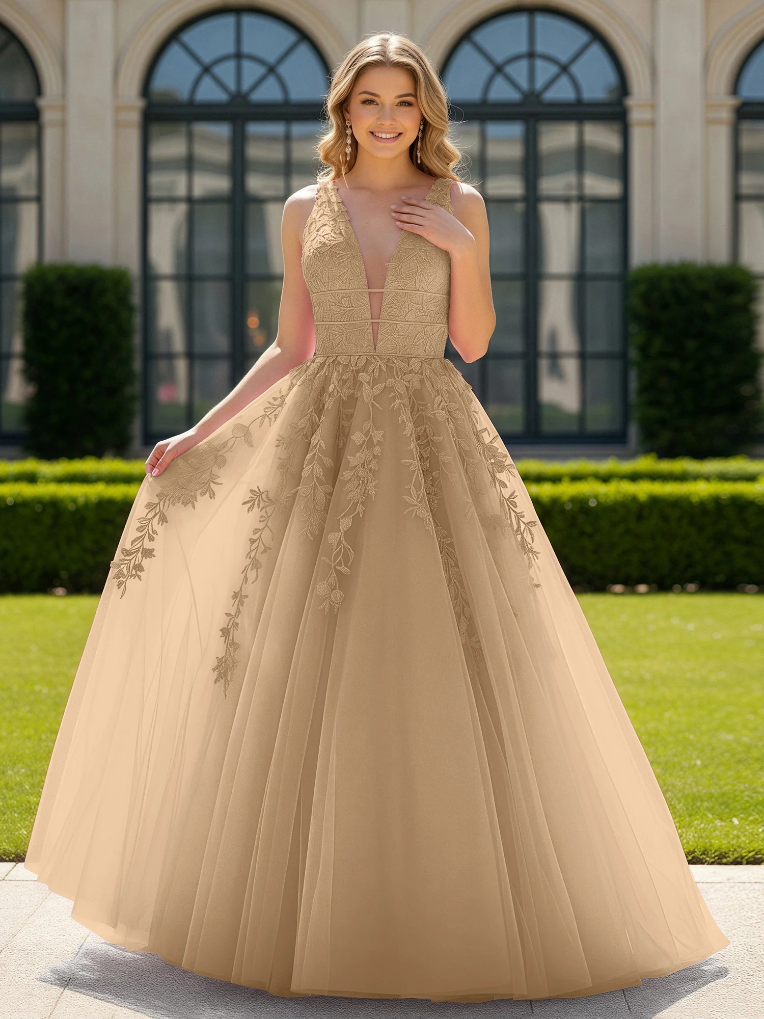 Appliqued Tulle Open Back Plunging V-Neck Prom Dress Champagne
