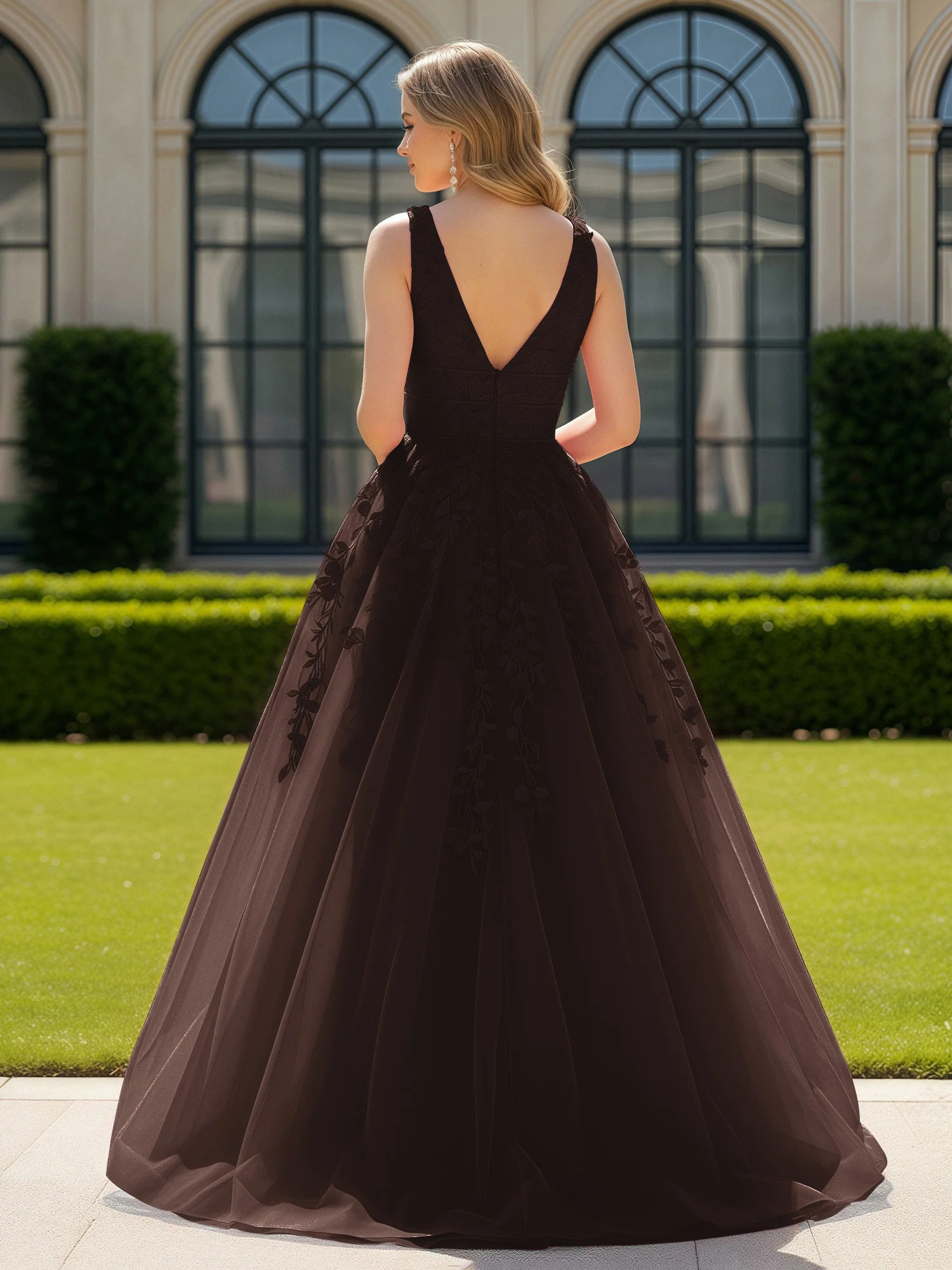 Appliqued Tulle Open Back Plunging V-Neck Prom Dress Chocolate - Image 2