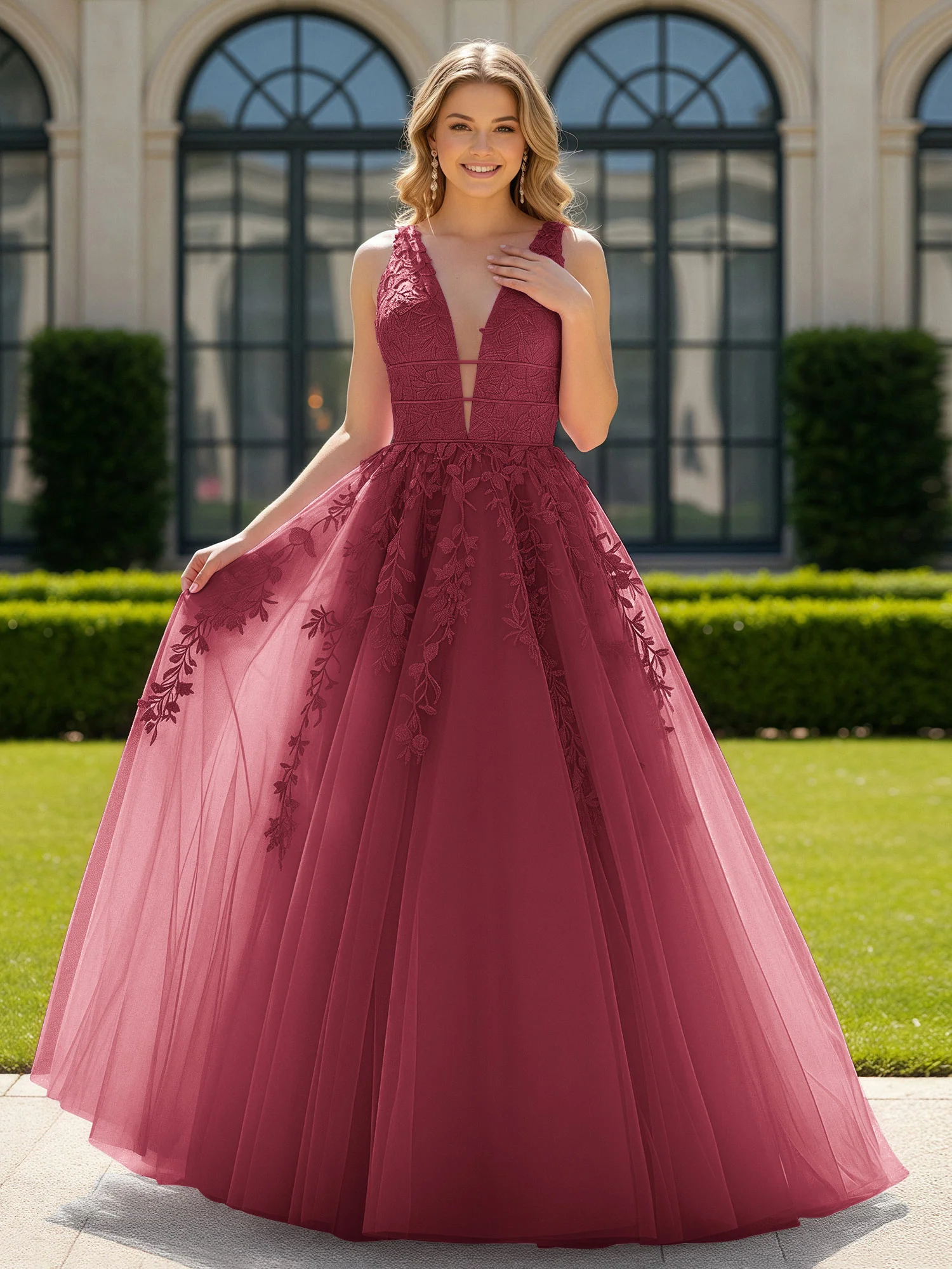 Appliqued Tulle Open Back Plunging V-Neck Prom Dress Cinnamon Rose