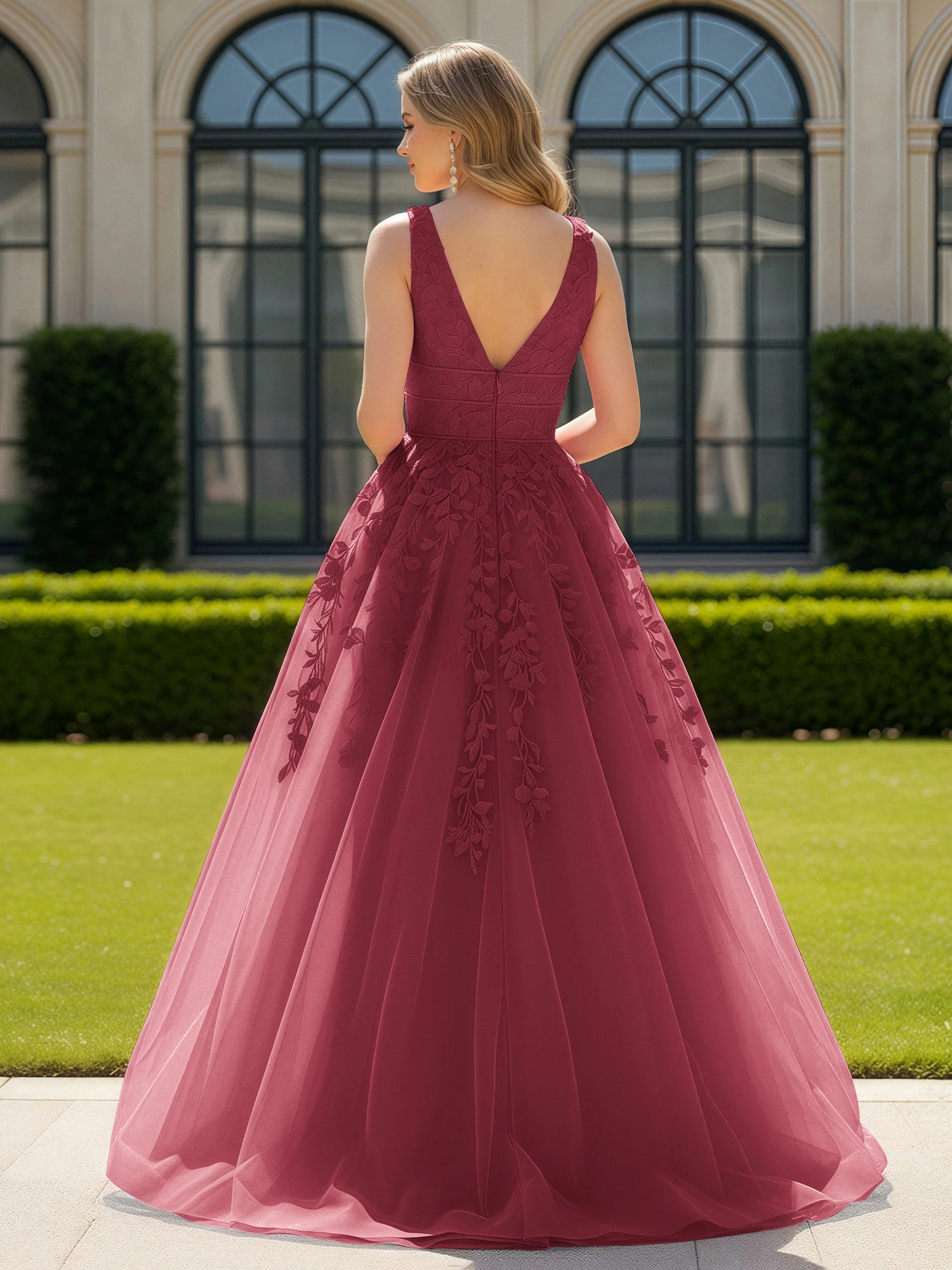 Appliqued Tulle Open Back Plunging V-Neck Prom Dress Cinnamon Rose - Image 2
