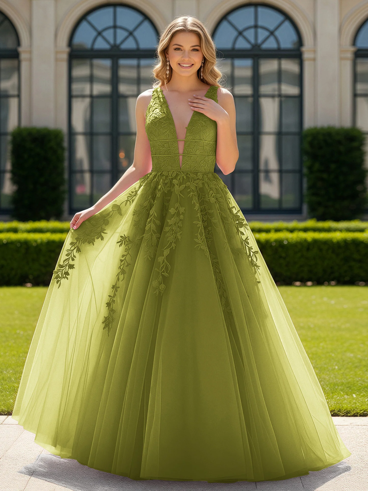 Appliqued Tulle Open Back Plunging V-Neck Prom Dress Clover