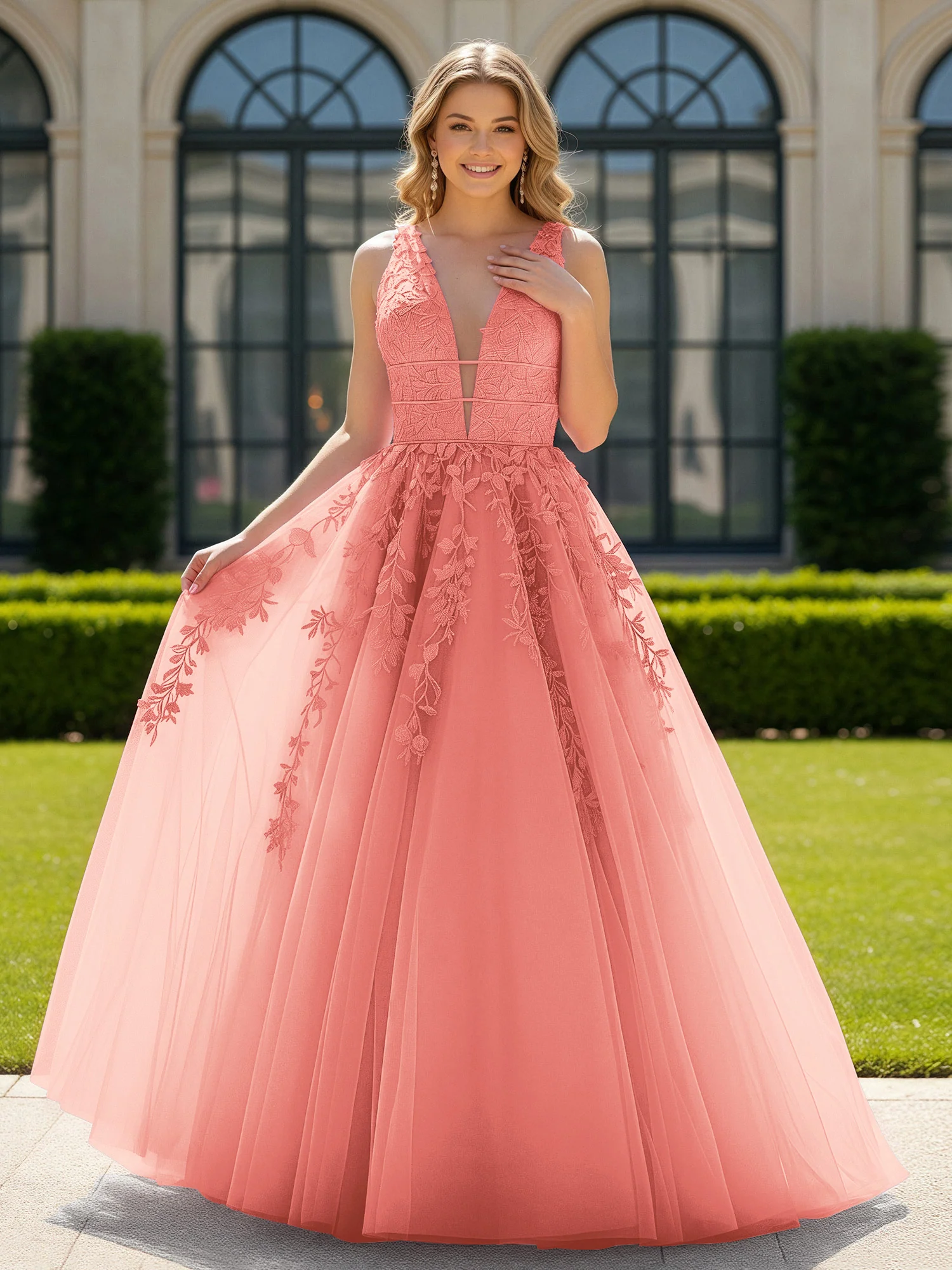 Appliqued Tulle Open Back Plunging V-Neck Prom Dress Coral