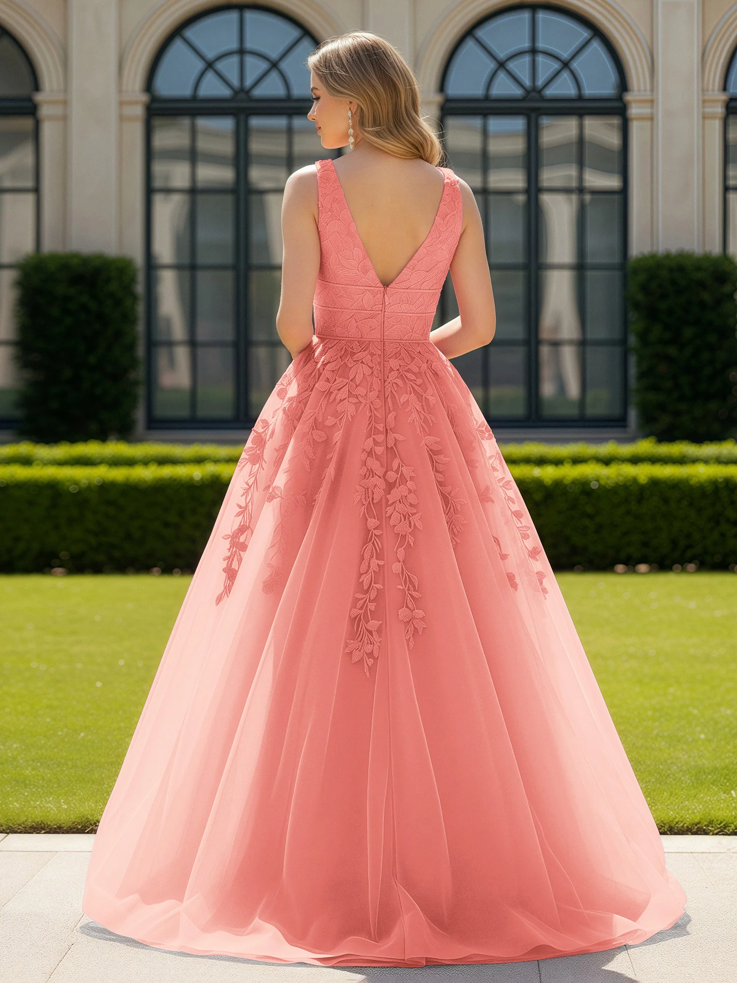 Appliqued Tulle Open Back Plunging V-Neck Prom Dress Coral - Image 2
