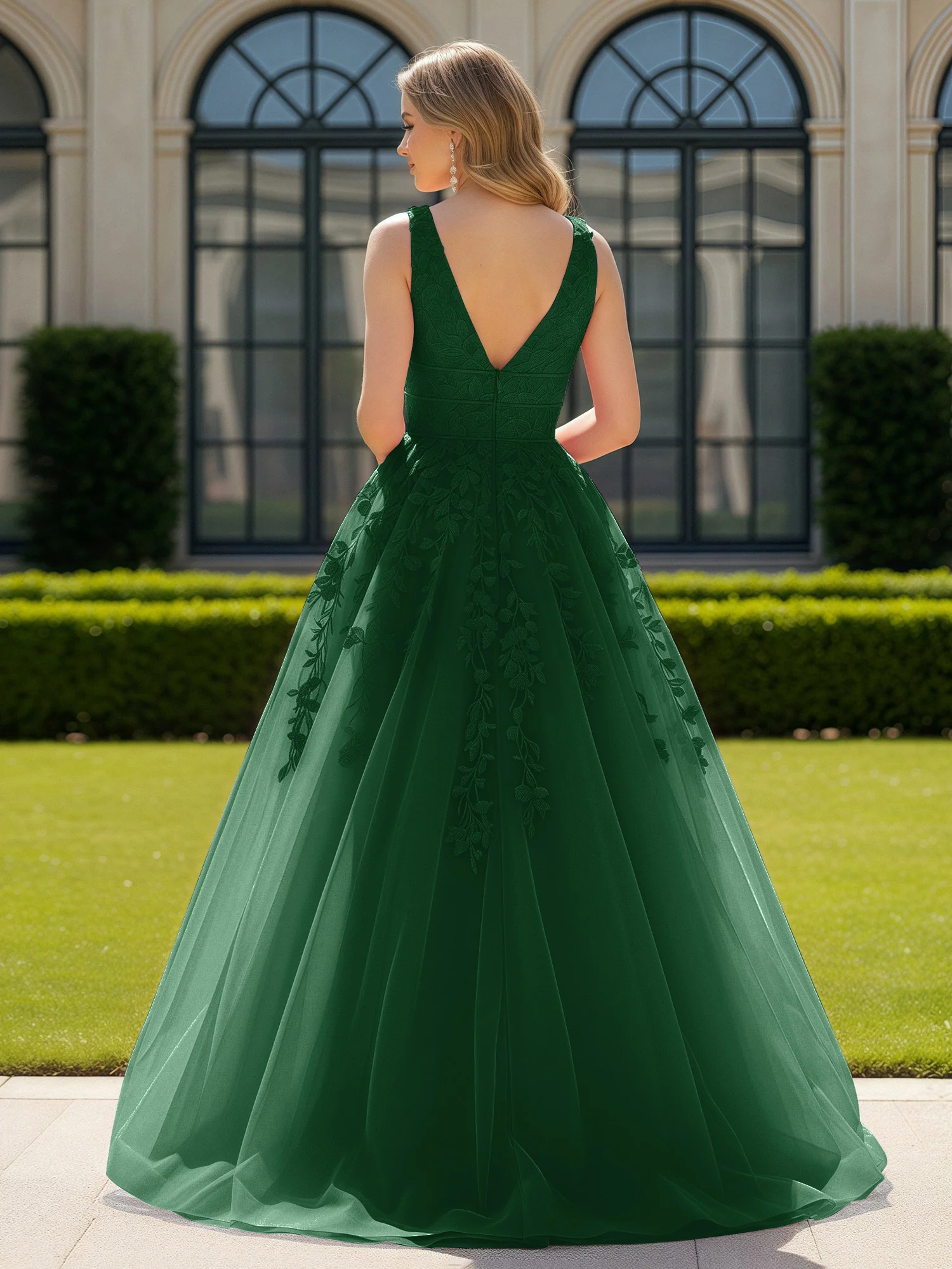 Appliqued Tulle Open Back Plunging V-Neck Prom Dress Dark Green - Image 2