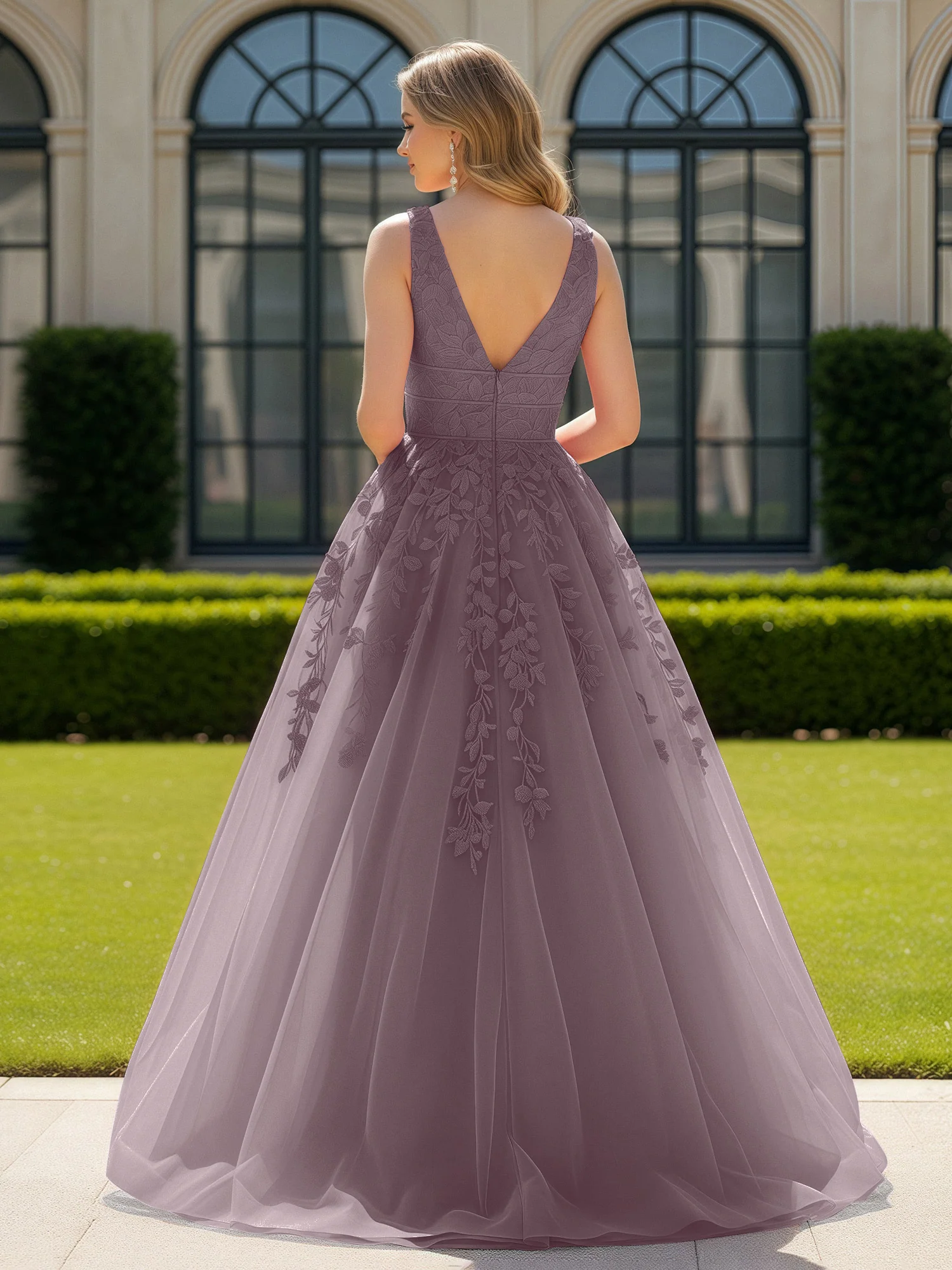 Appliqued Tulle Open Back Plunging V-Neck Prom Dress Dusk - Image 2