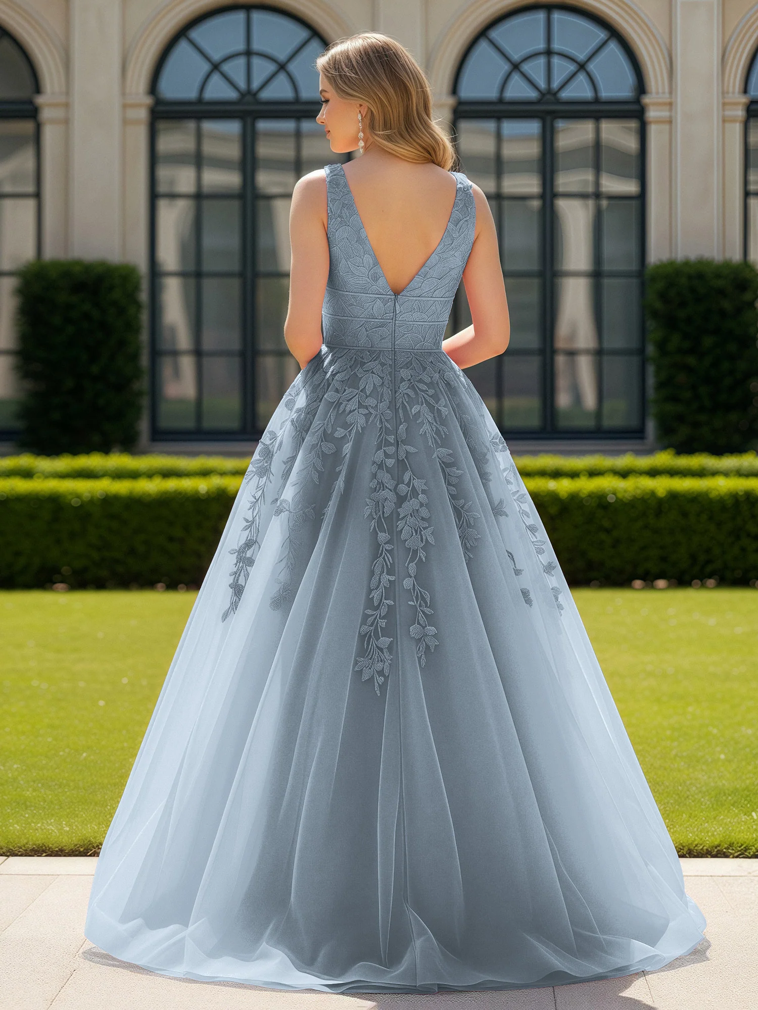 Appliqued Tulle Open Back Plunging V-Neck Prom Dress Dusty Blue - Image 2