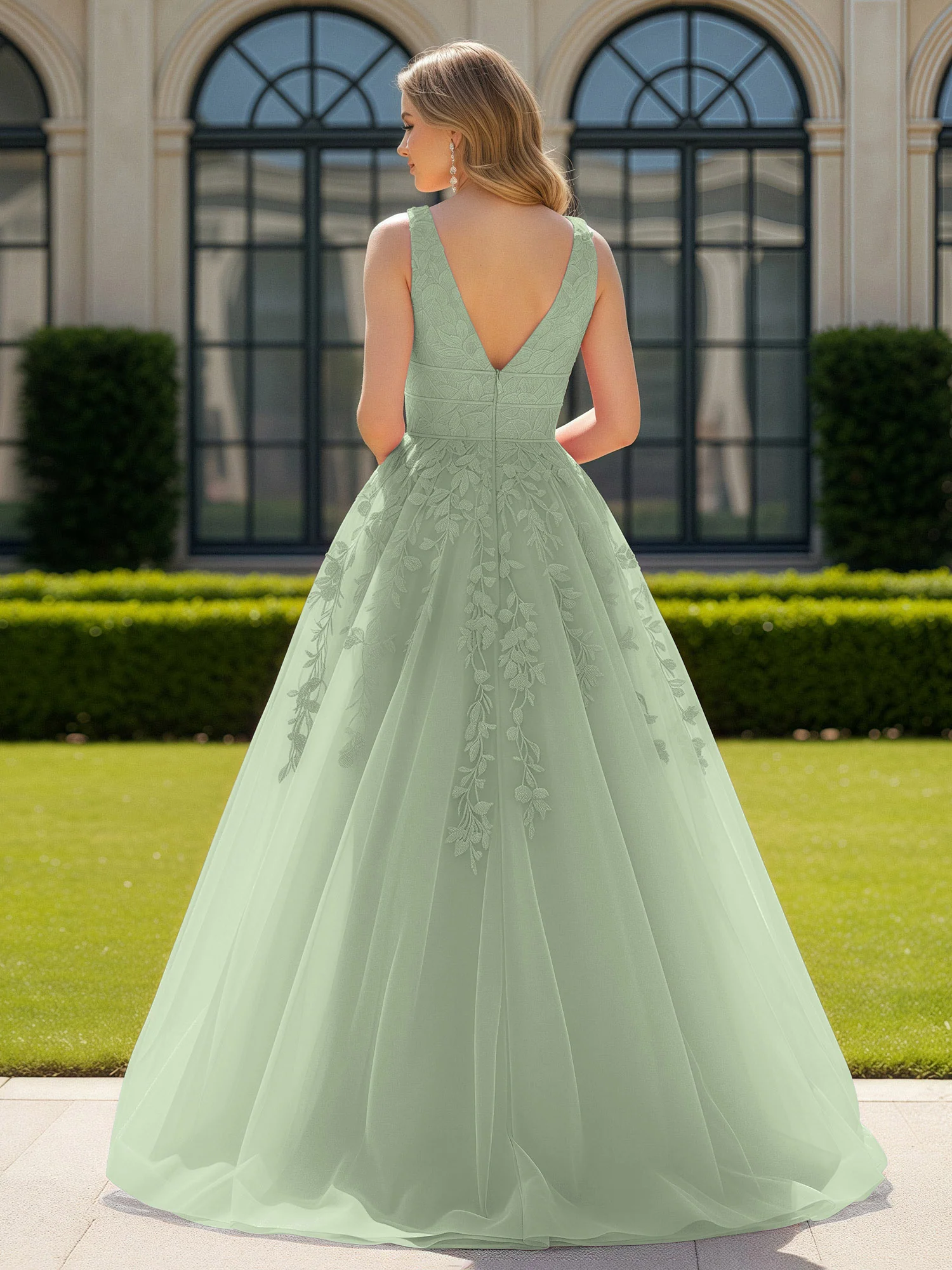 Appliqued Tulle Open Back Plunging V-Neck Prom Dress Dusty Sage - Image 2