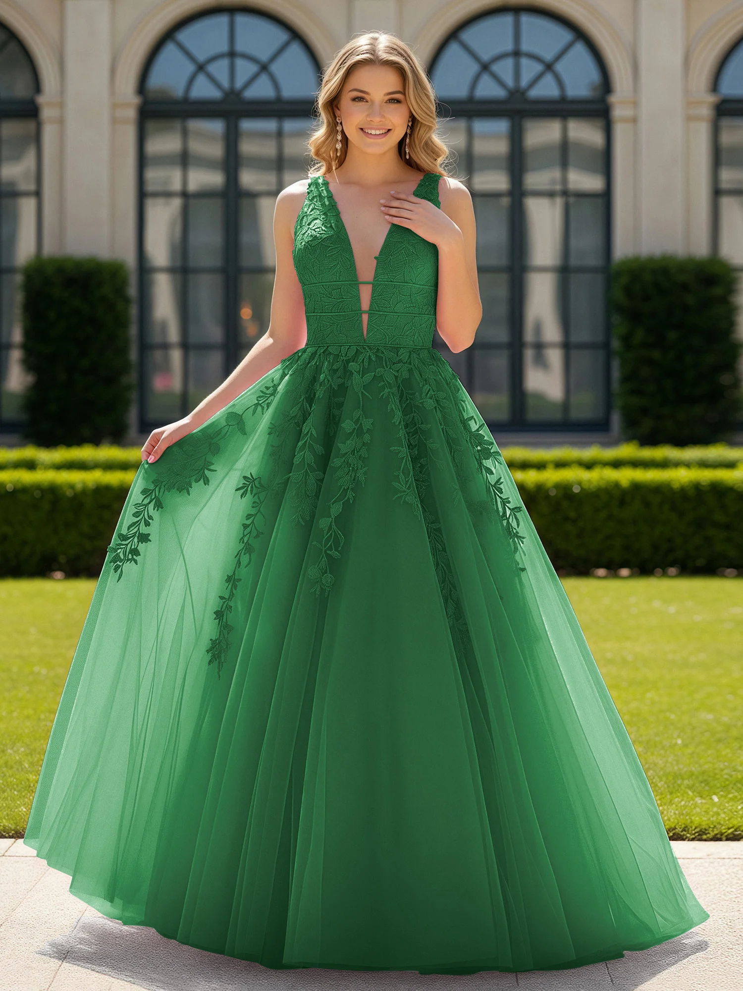 Appliqued Tulle Open Back Plunging V-Neck Prom Dress Emerald