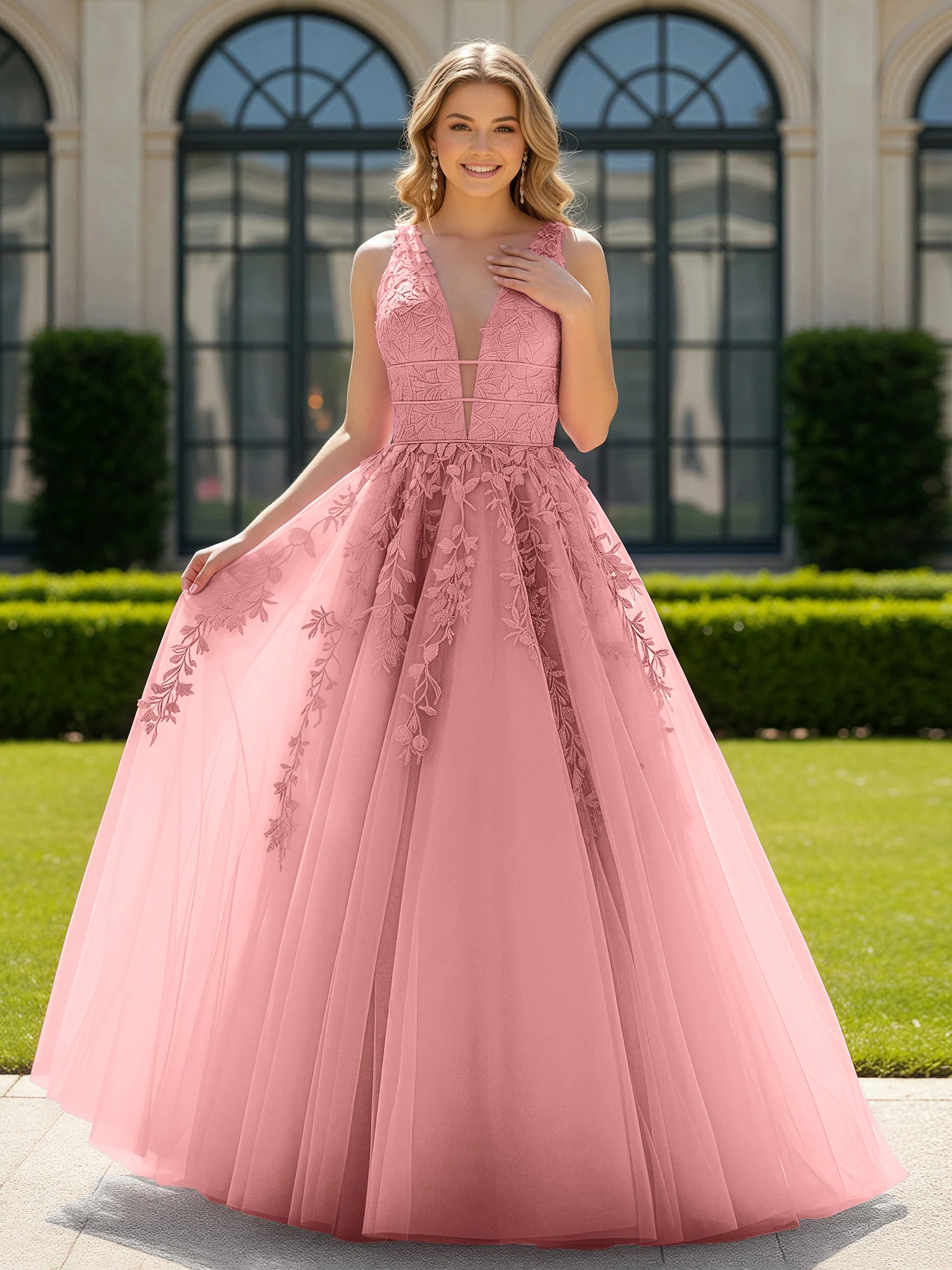 Appliqued Tulle Open Back Plunging V-Neck Prom Dress Flamingo