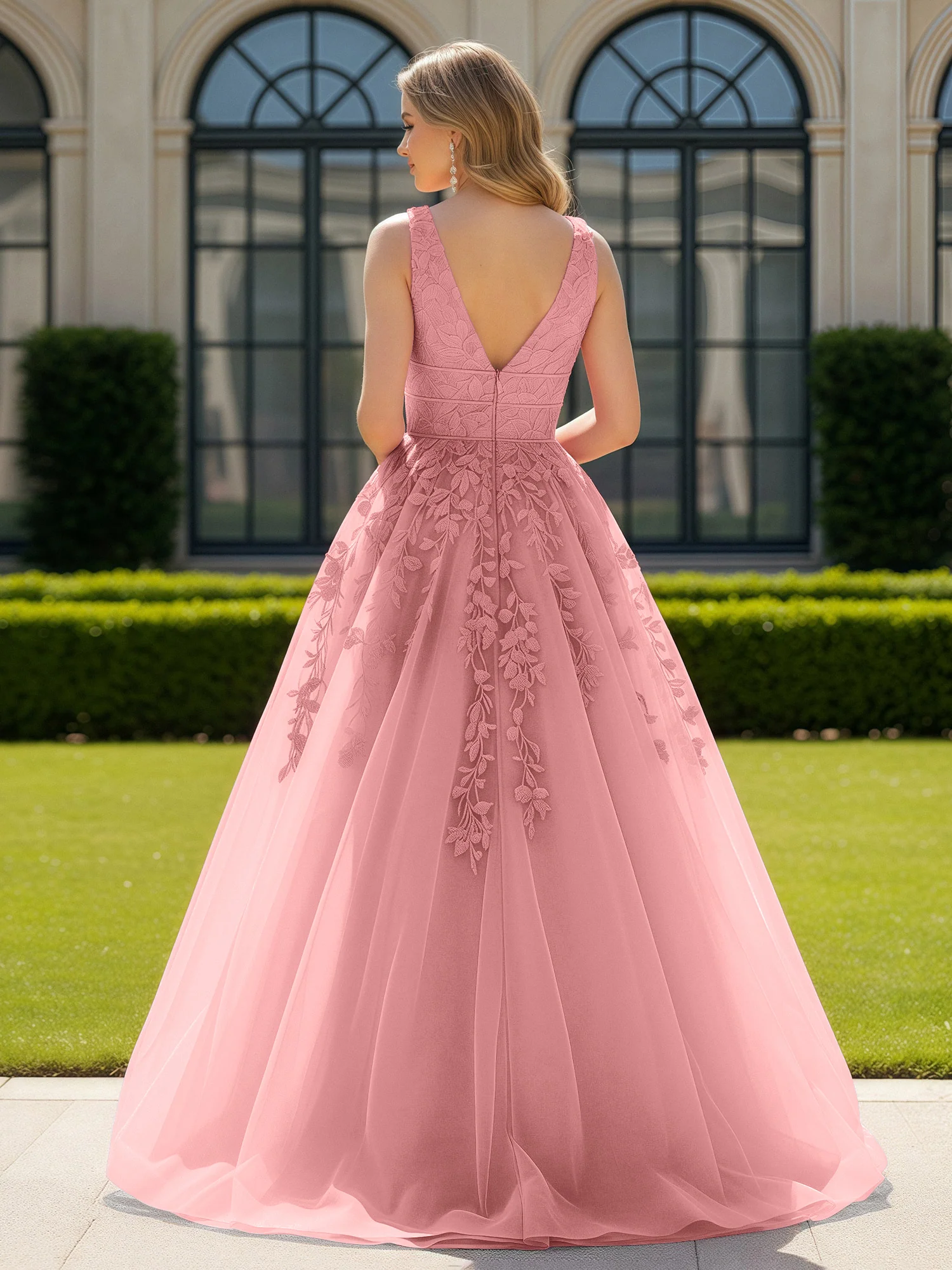 Appliqued Tulle Open Back Plunging V-Neck Prom Dress Flamingo - Image 2