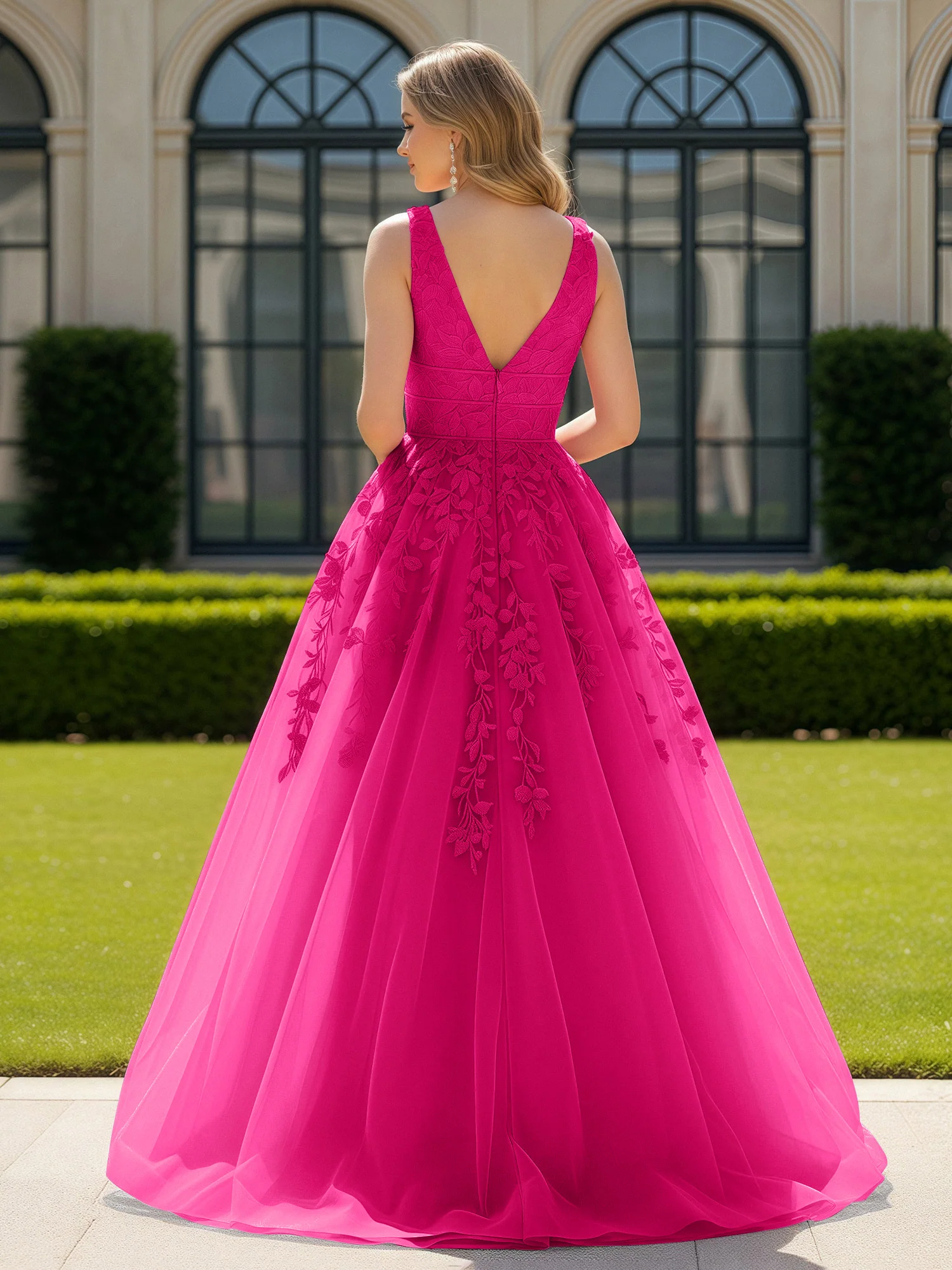 Appliqued Tulle Open Back Plunging V-Neck Prom Dress Fuchsia - Image 2