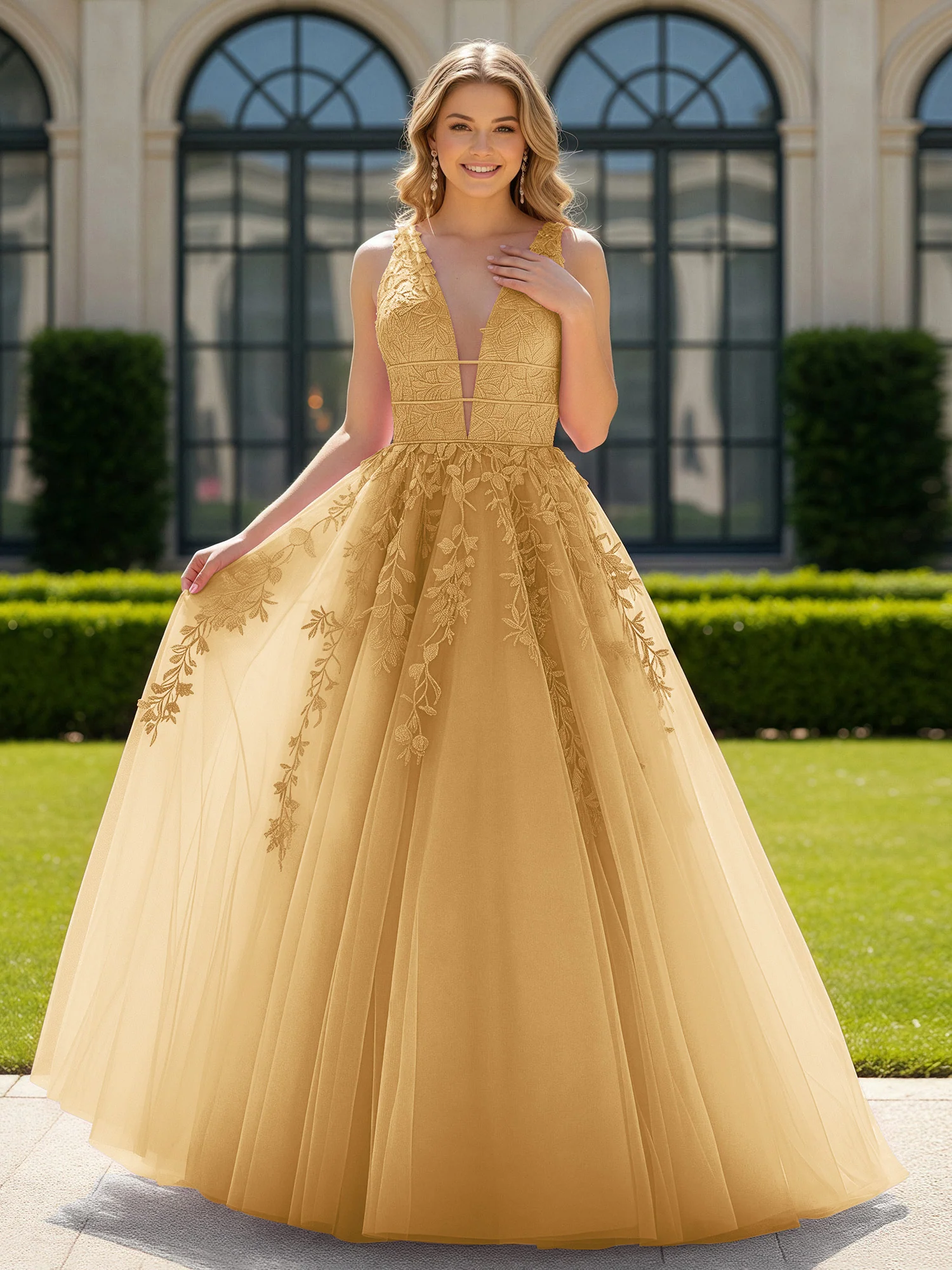 Appliqued Tulle Open Back Plunging V-Neck Prom Dress Gold