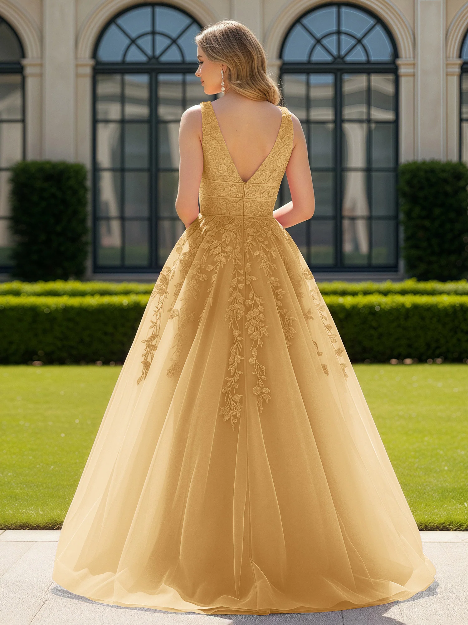 Appliqued Tulle Open Back Plunging V-Neck Prom Dress Gold - Image 2