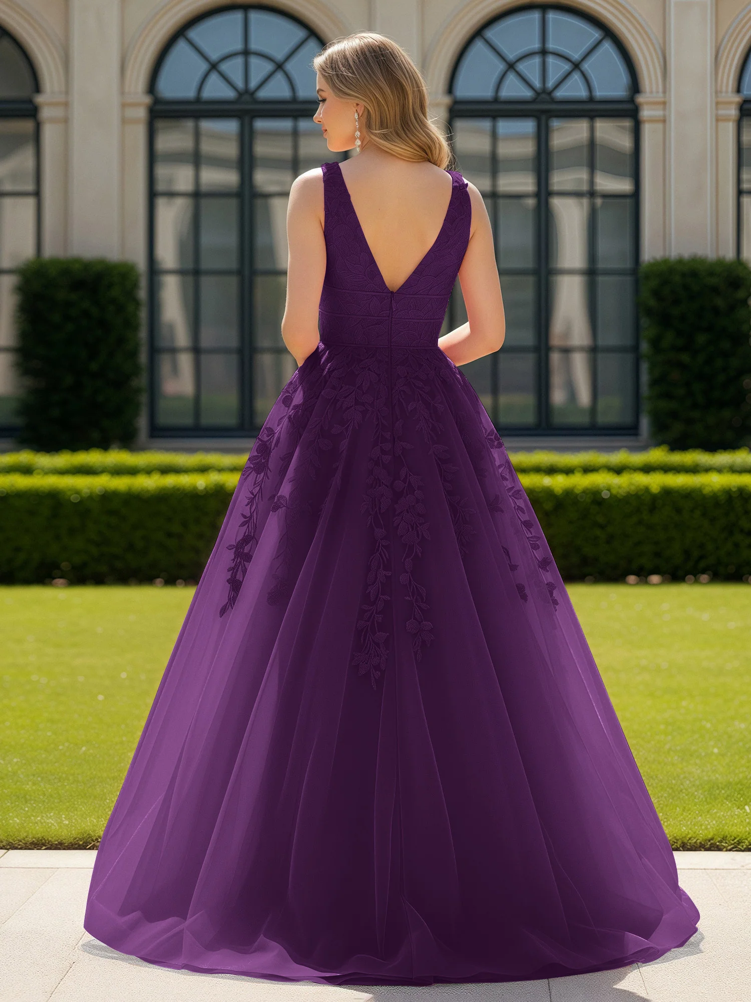 Appliqued Tulle Open Back Plunging V-Neck Prom Dress Grape - Image 2