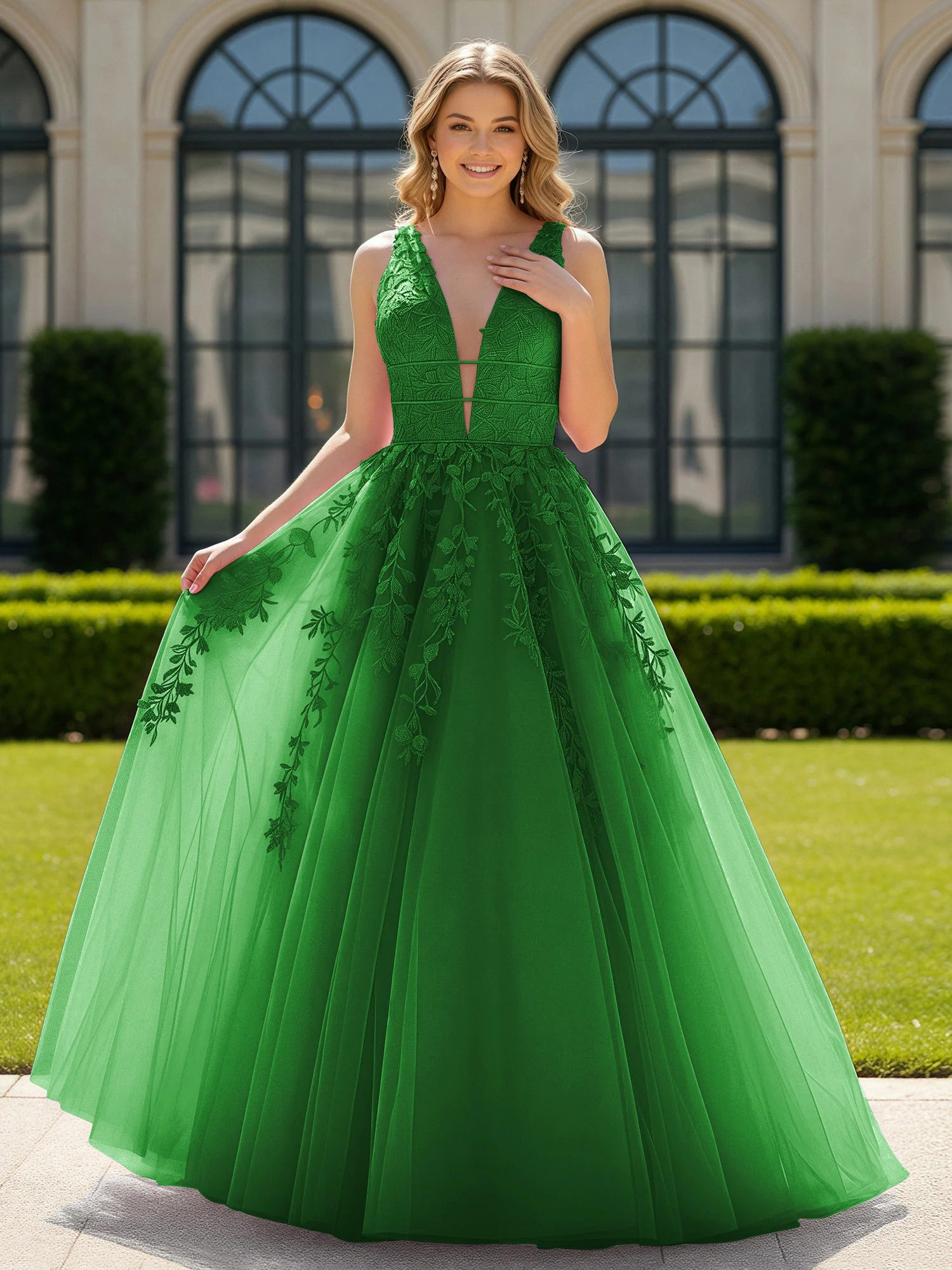 Appliqued Tulle Open Back Plunging V-Neck Prom Dress Green