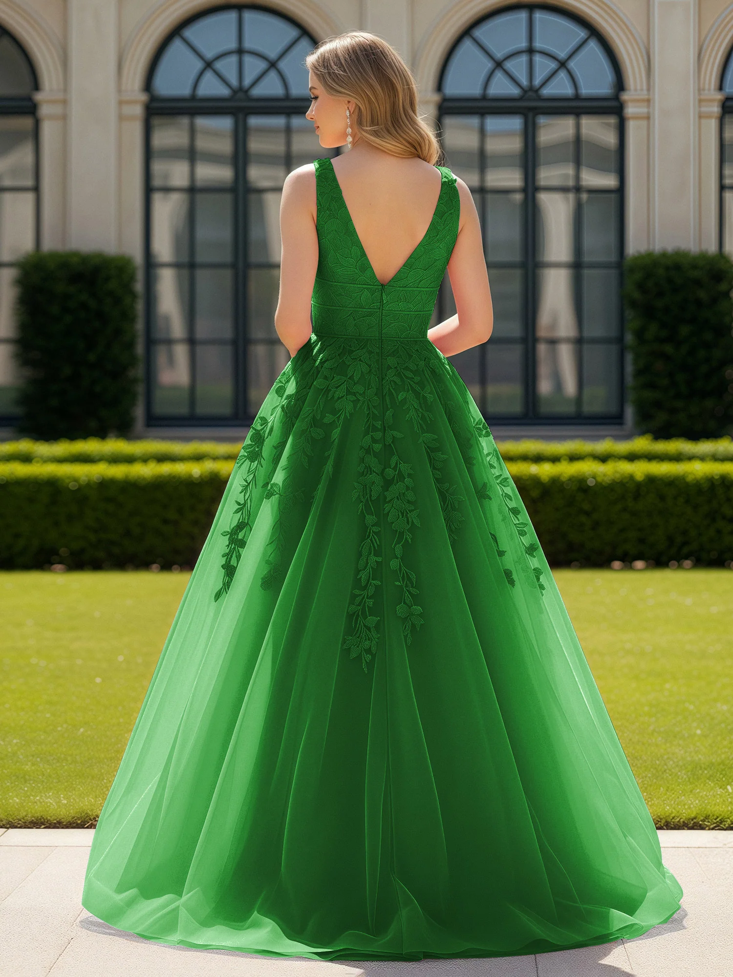 Appliqued Tulle Open Back Plunging V-Neck Prom Dress Green - Image 2