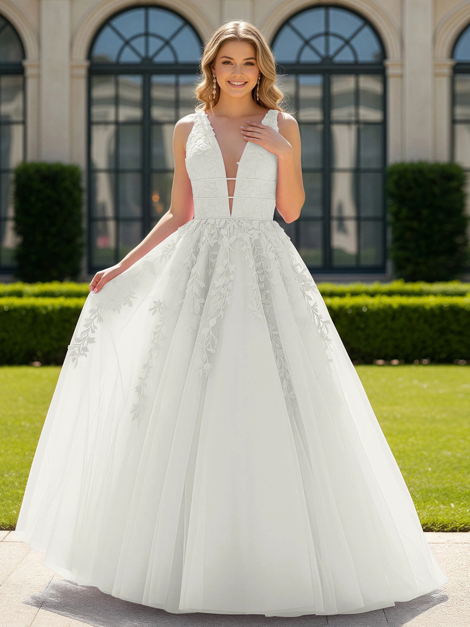 Appliqued Tulle Open Back Plunging V-Neck Prom Dress Ivory