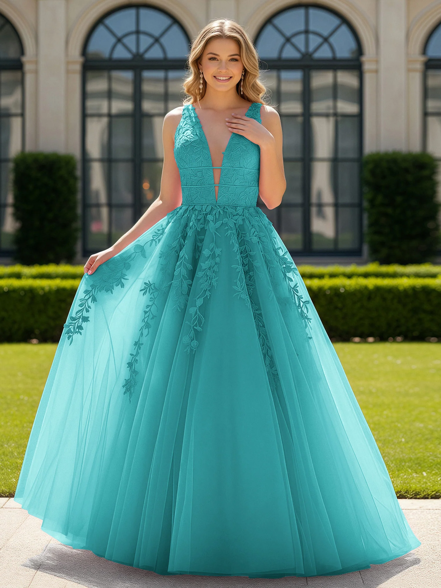 Appliqued Tulle Open Back Plunging V-Neck Prom Dress Jade
