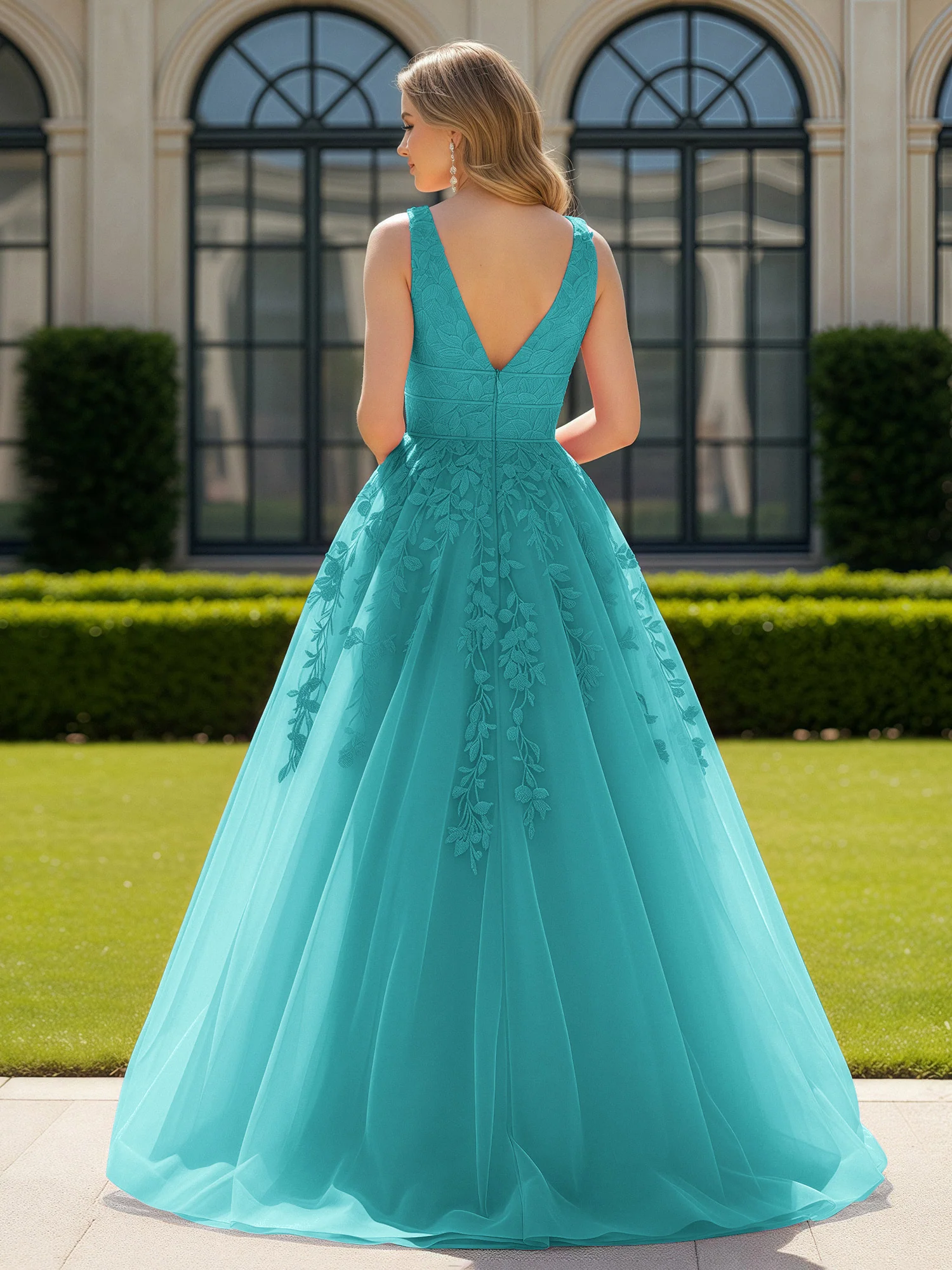 Appliqued Tulle Open Back Plunging V-Neck Prom Dress Jade - Image 2