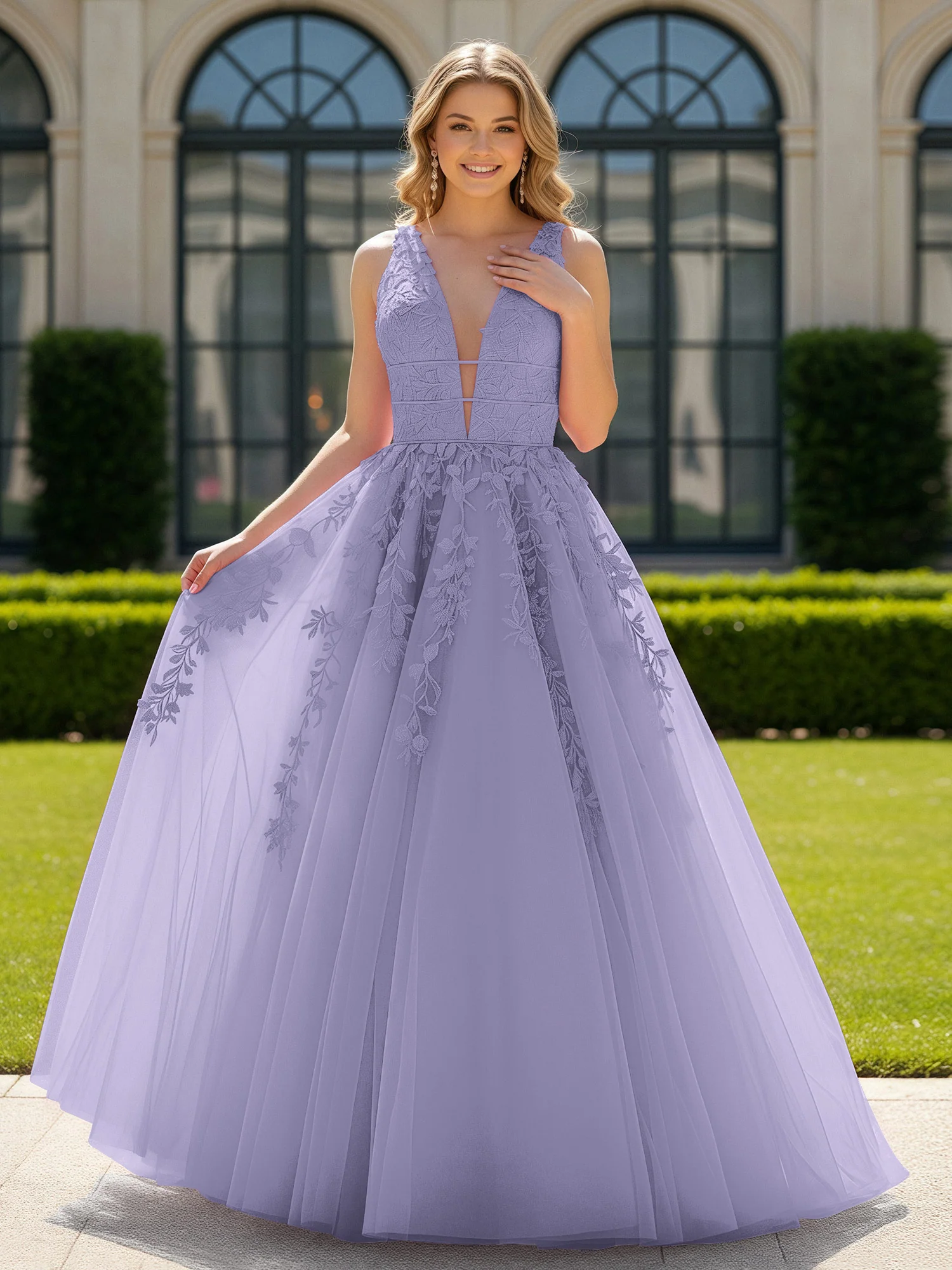 Appliqued Tulle Open Back Plunging V-Neck Prom Dress Lavender
