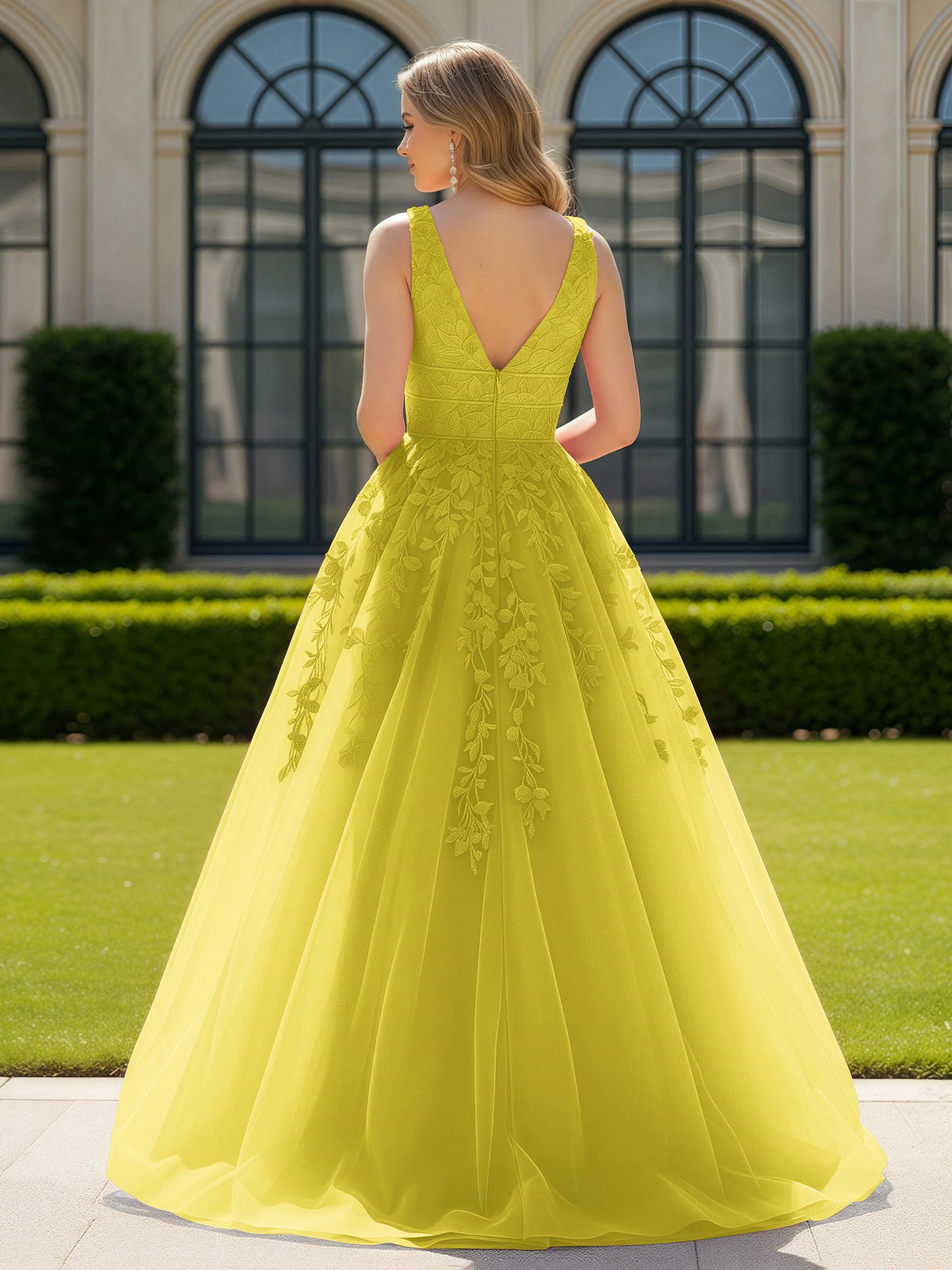 Appliqued Tulle Open Back Plunging V-Neck Prom Dress Lemon - Image 2