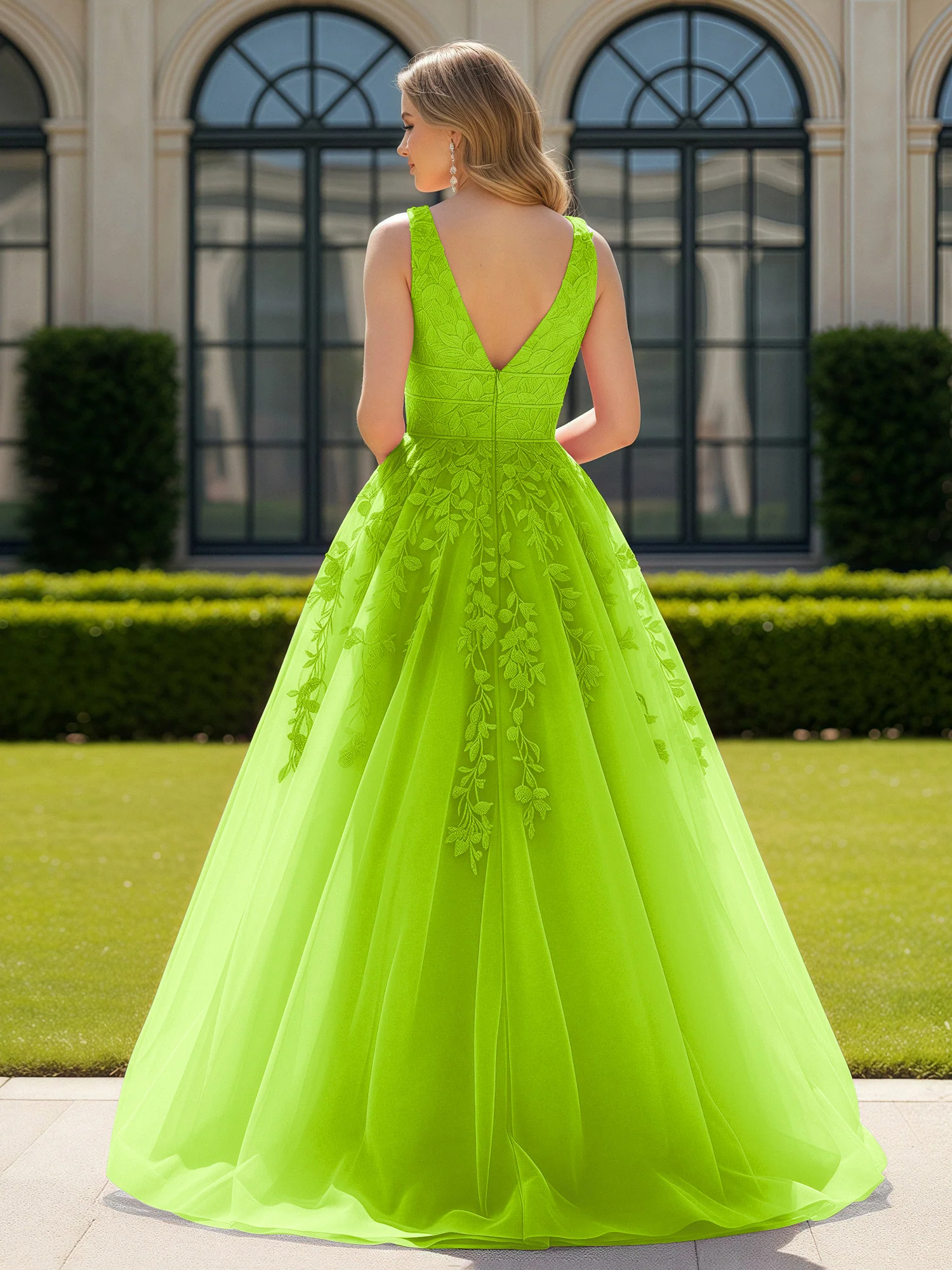 Appliqued Tulle Open Back Plunging V-Neck Prom Dress Lime Green - Image 2
