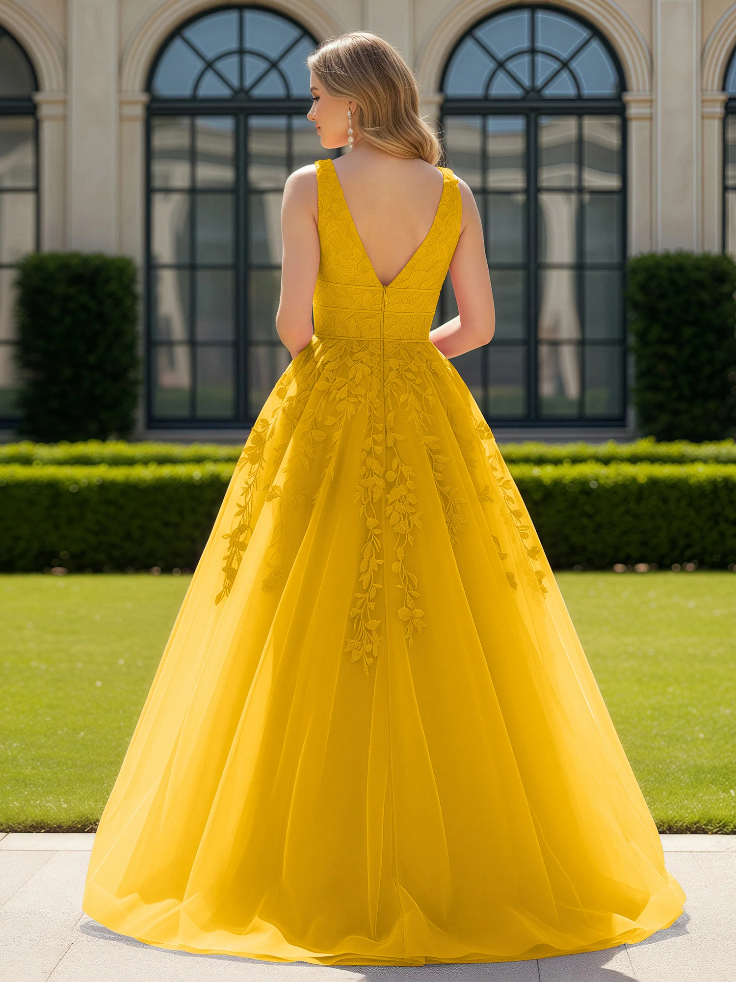 Appliqued Tulle Open Back Plunging V-Neck Prom Dress Marigold - Image 2