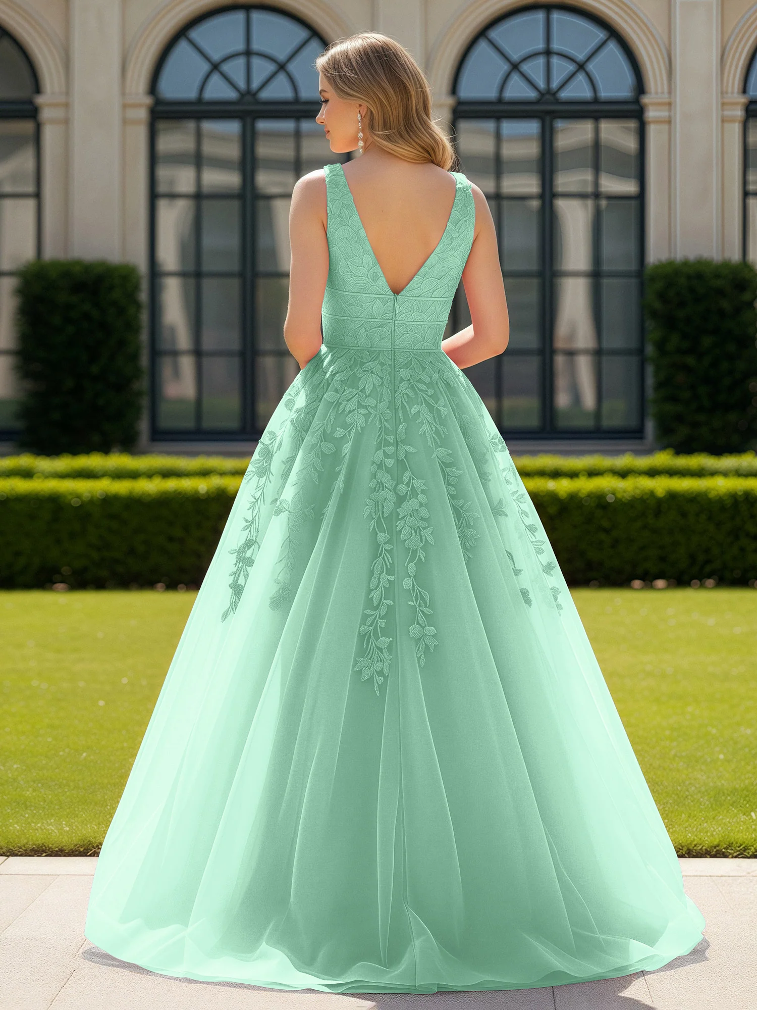 Appliqued Tulle Open Back Plunging V-Neck Prom Dress Mint Green - Image 2