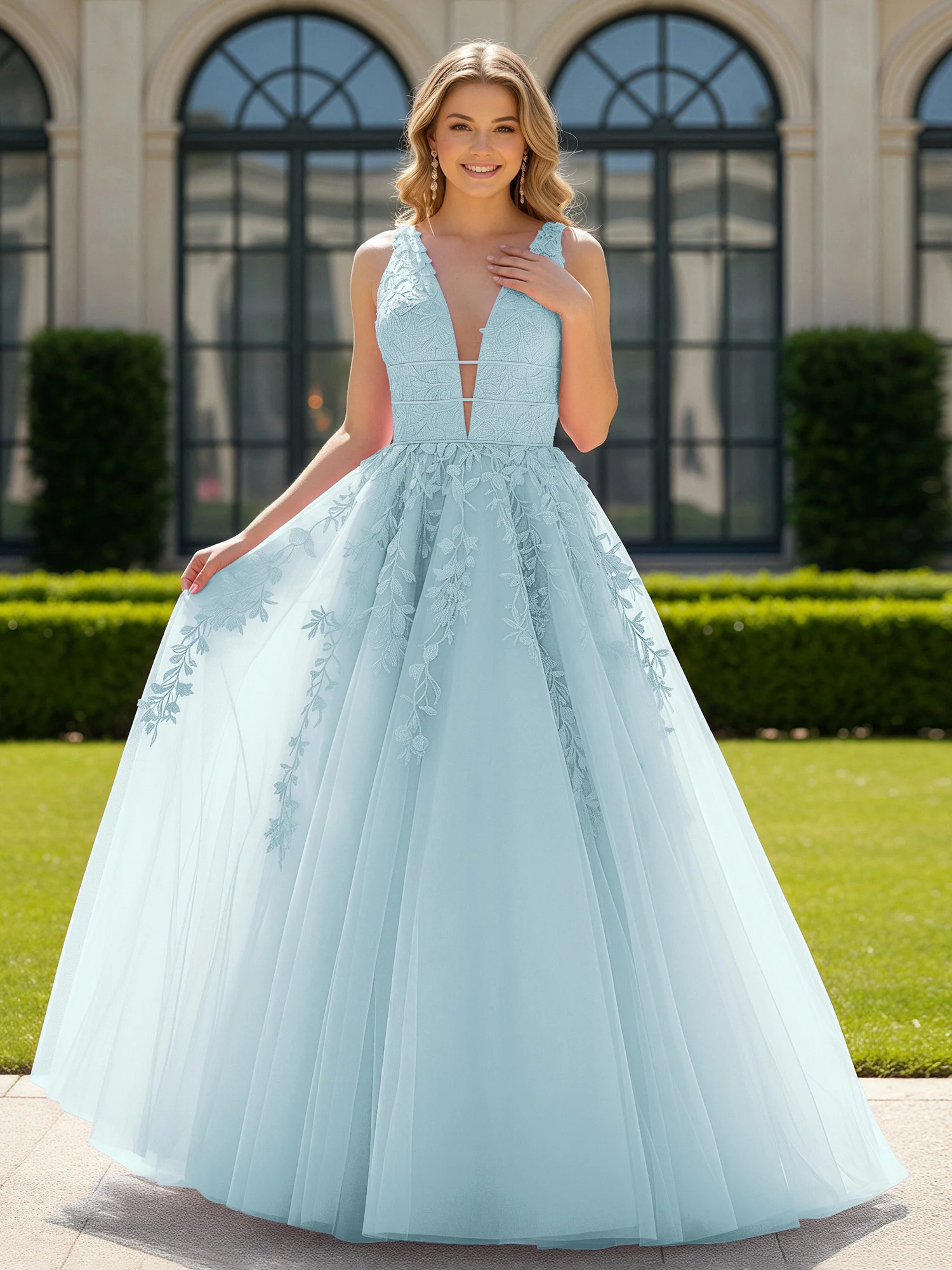 Appliqued Tulle Open Back Plunging V-Neck Prom Dress Mist