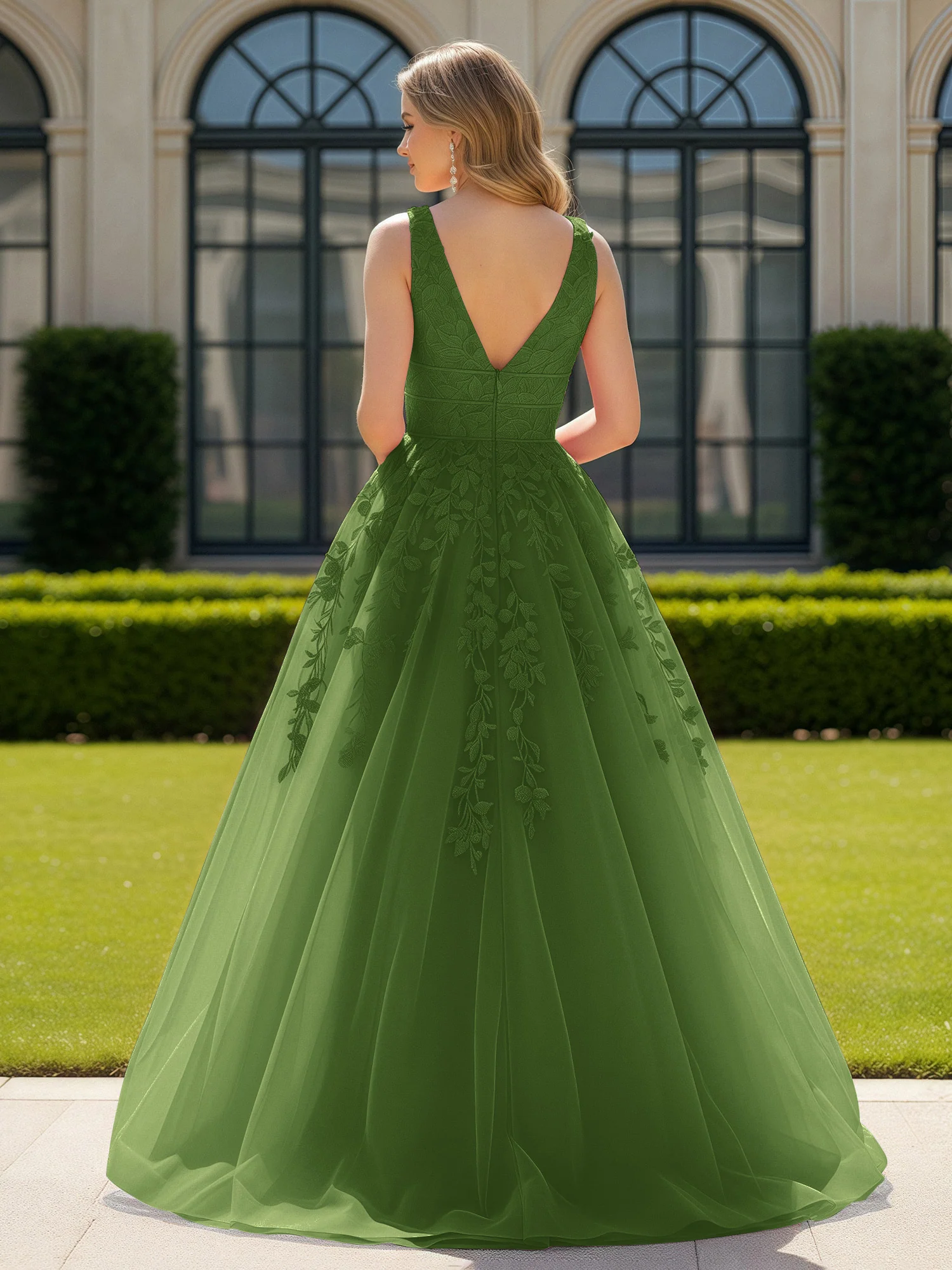 Appliqued Tulle Open Back Plunging V-Neck Prom Dress Moss - Image 2