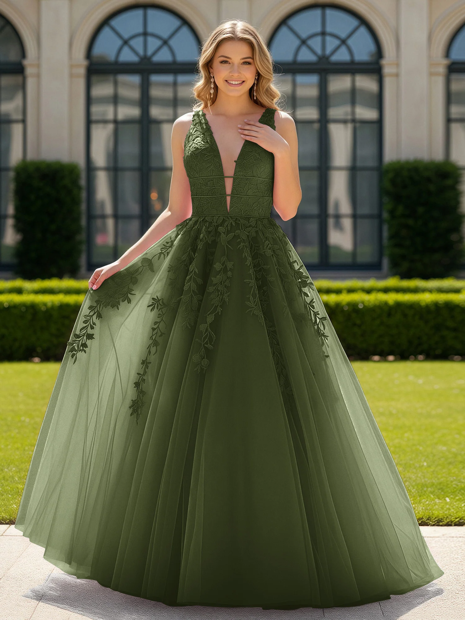Appliqued Tulle Open Back Plunging V-Neck Prom Dress Olive Green