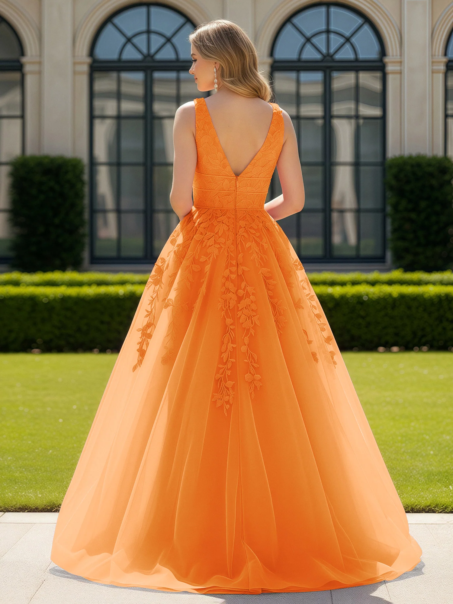 Appliqued Tulle Open Back Plunging V-Neck Prom Dress Orange - Image 2