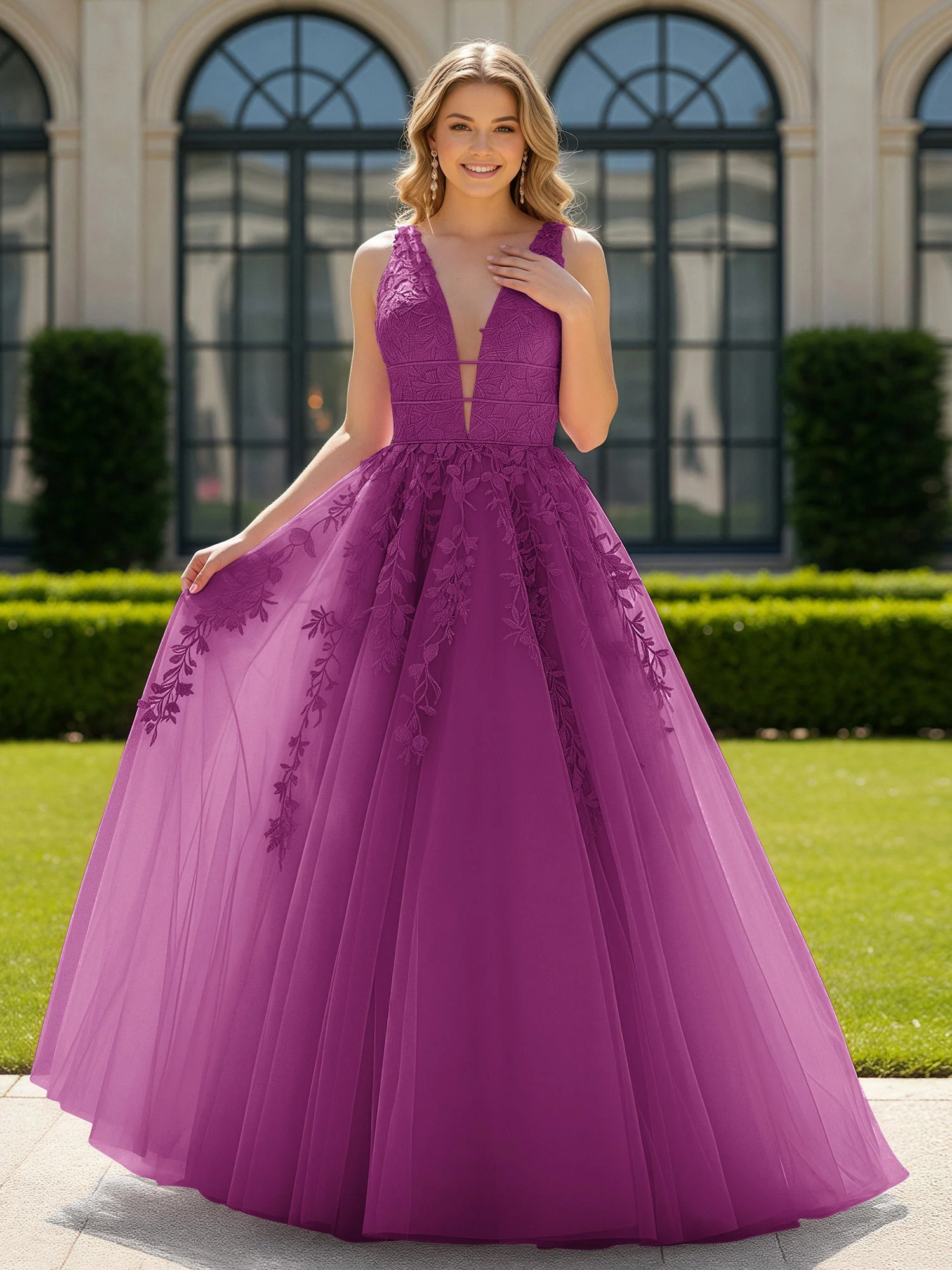 Appliqued Tulle Open Back Plunging V-Neck Prom Dress Orchid