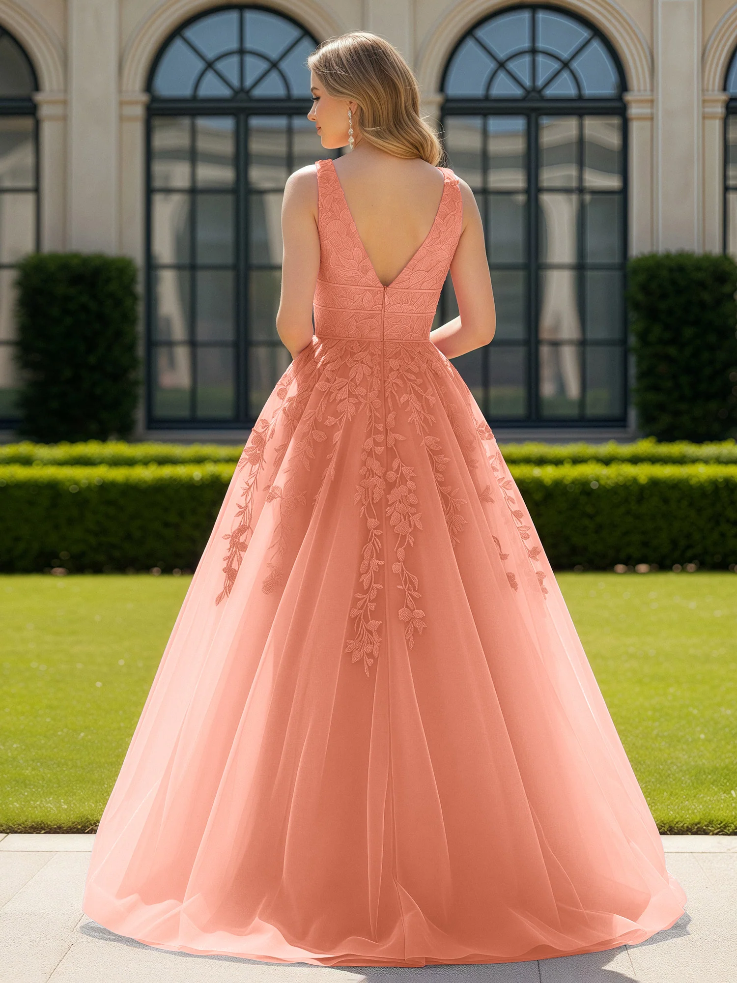 Appliqued Tulle Open Back Plunging V-Neck Prom Dress Papaya - Image 2