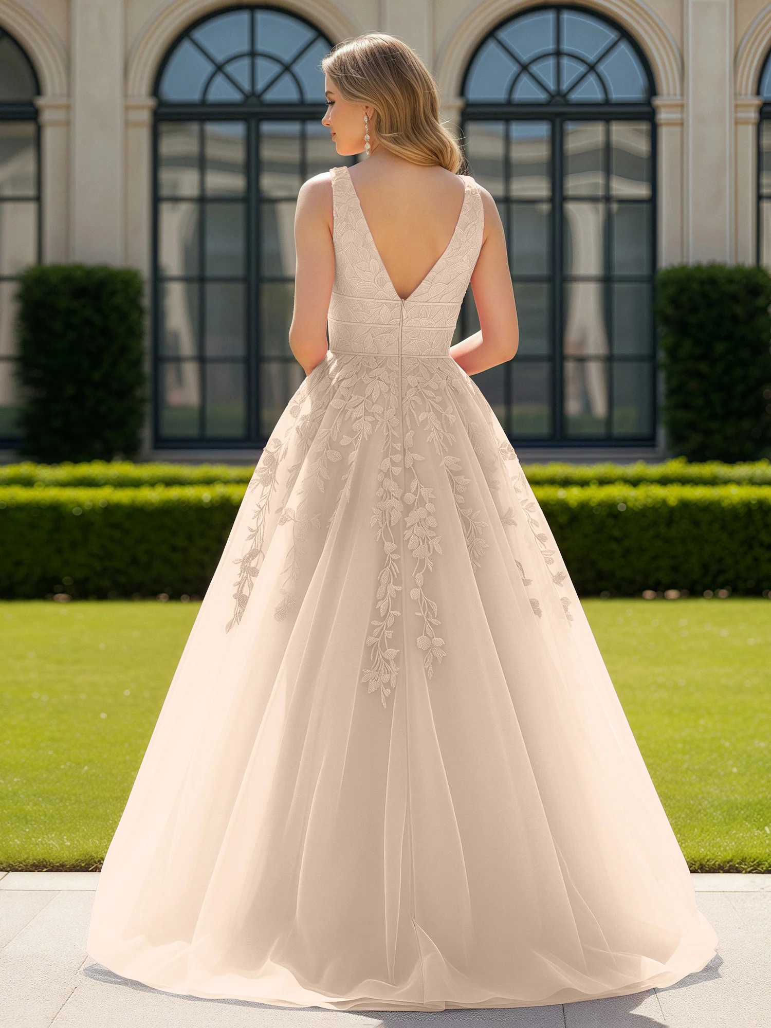 Appliqued Tulle Open Back Plunging V-Neck Prom Dress Peach - Image 2
