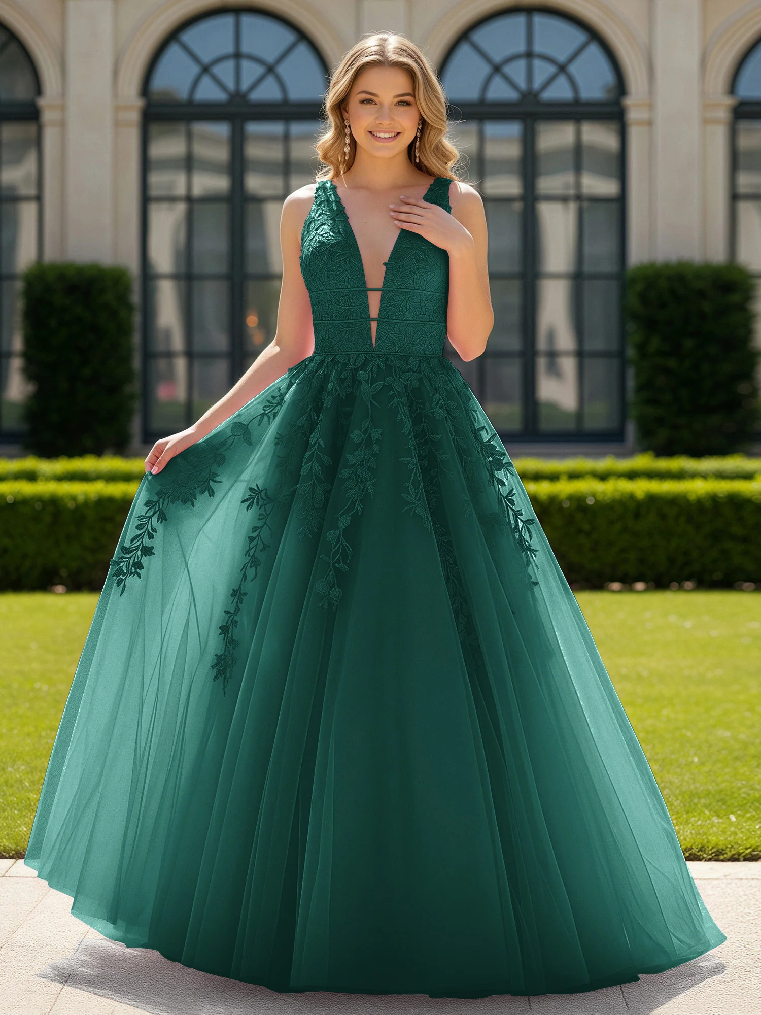 Appliqued Tulle Open Back Plunging V-Neck Prom Dress Peacock