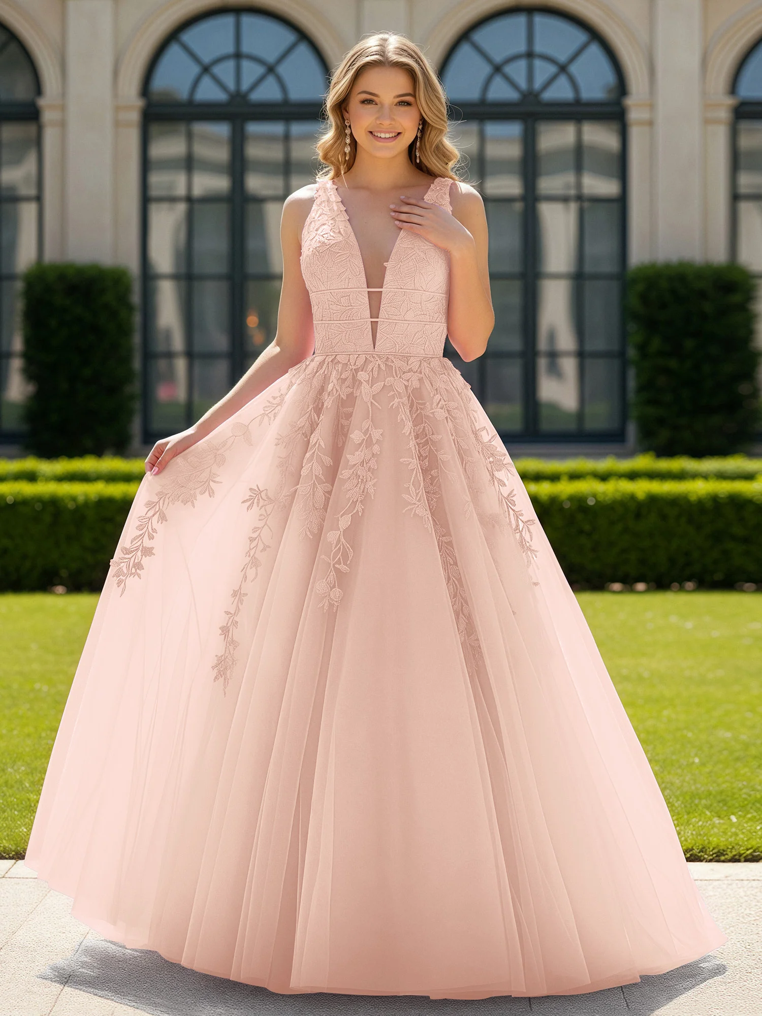Appliqued Tulle Open Back Plunging V-Neck Prom Dress Pearl Pink