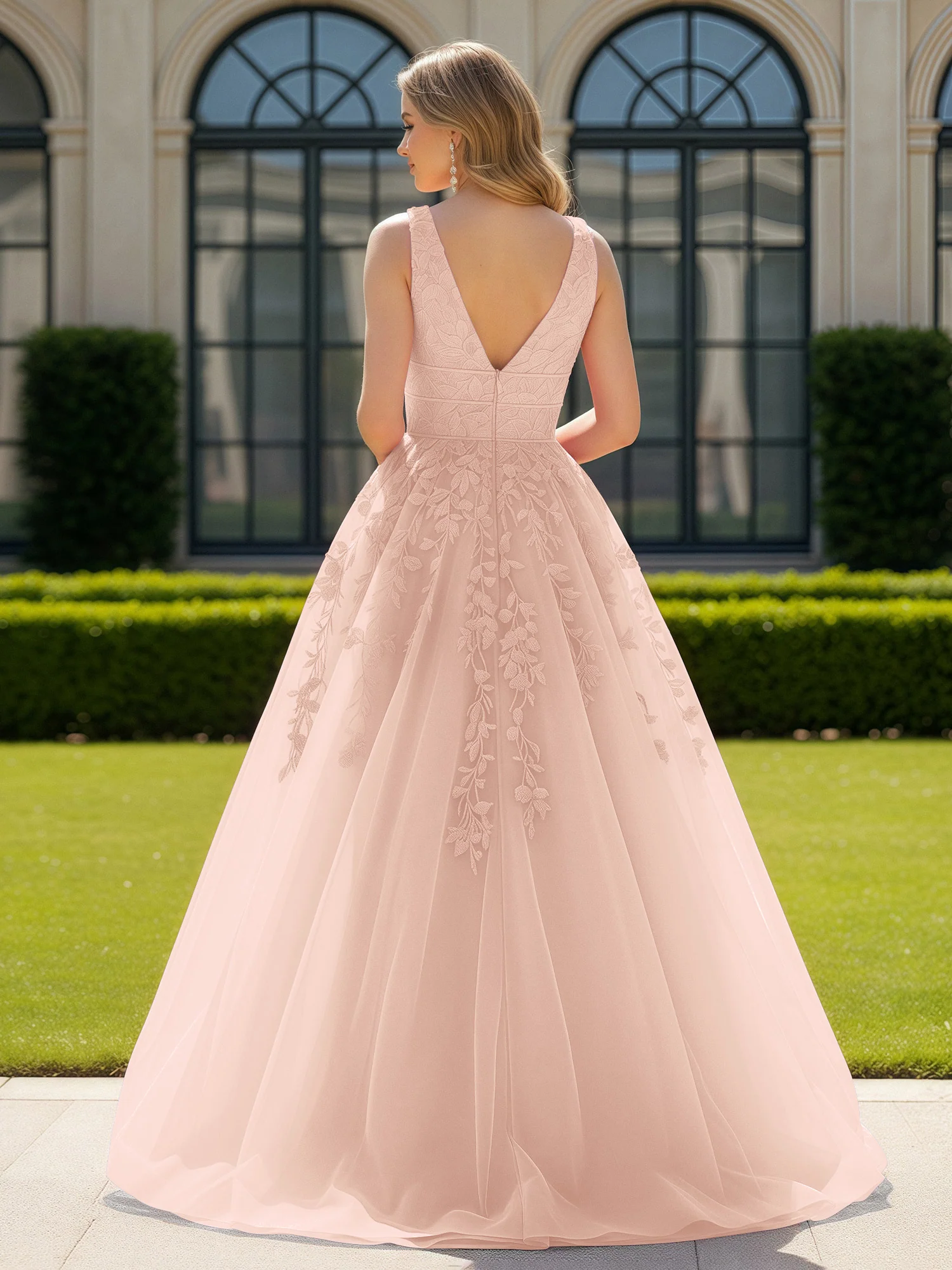 Appliqued Tulle Open Back Plunging V-Neck Prom Dress Pearl Pink - Image 2