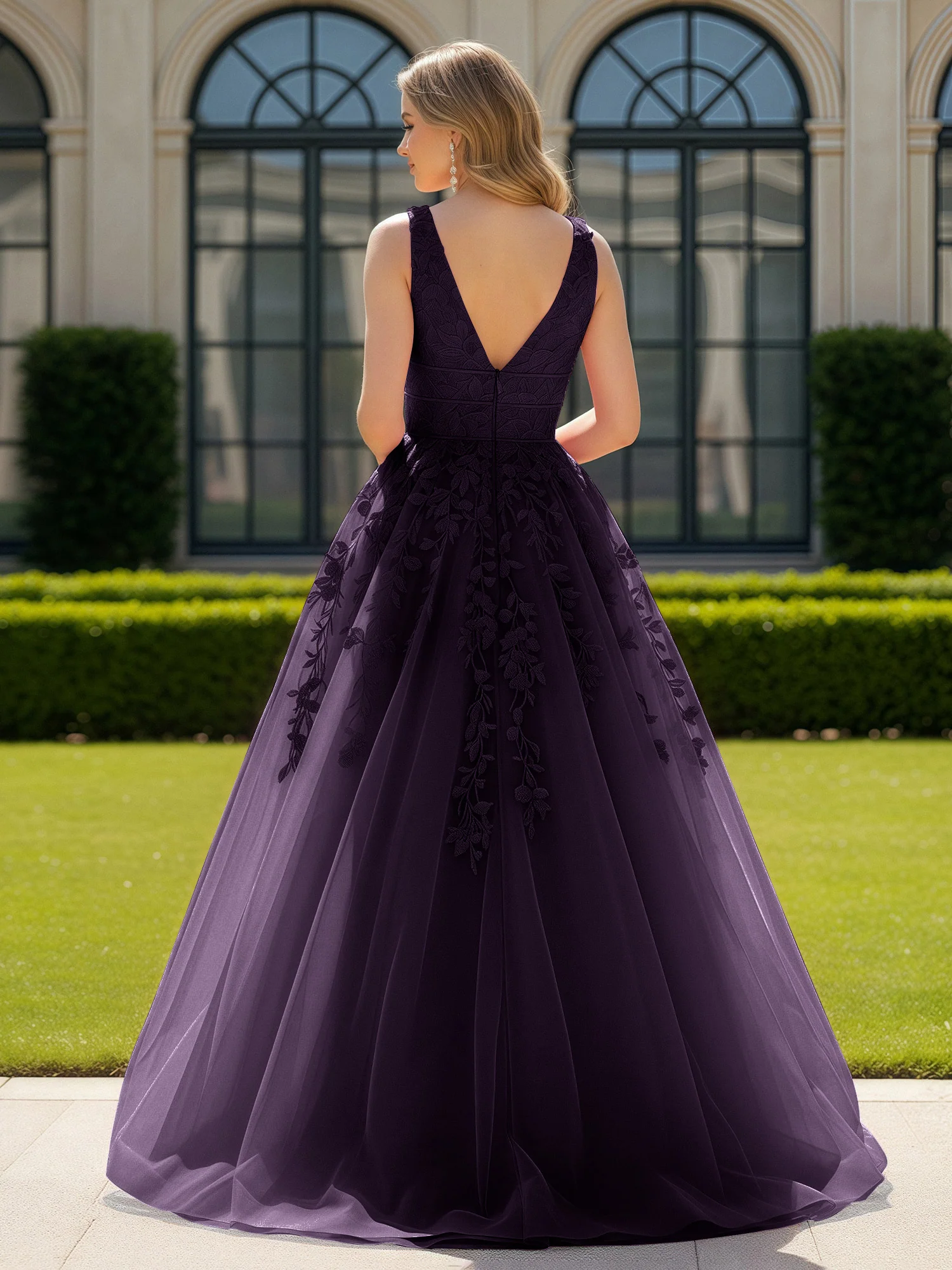 Appliqued Tulle Open Back Plunging V-Neck Prom Dress Plum - Image 2