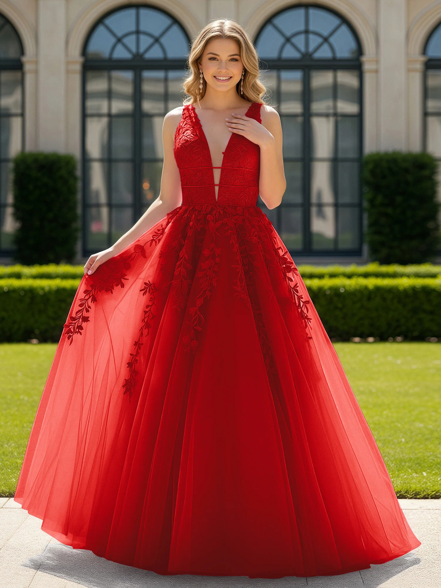 Appliqued Tulle Open Back Plunging V-Neck Prom Dress Red