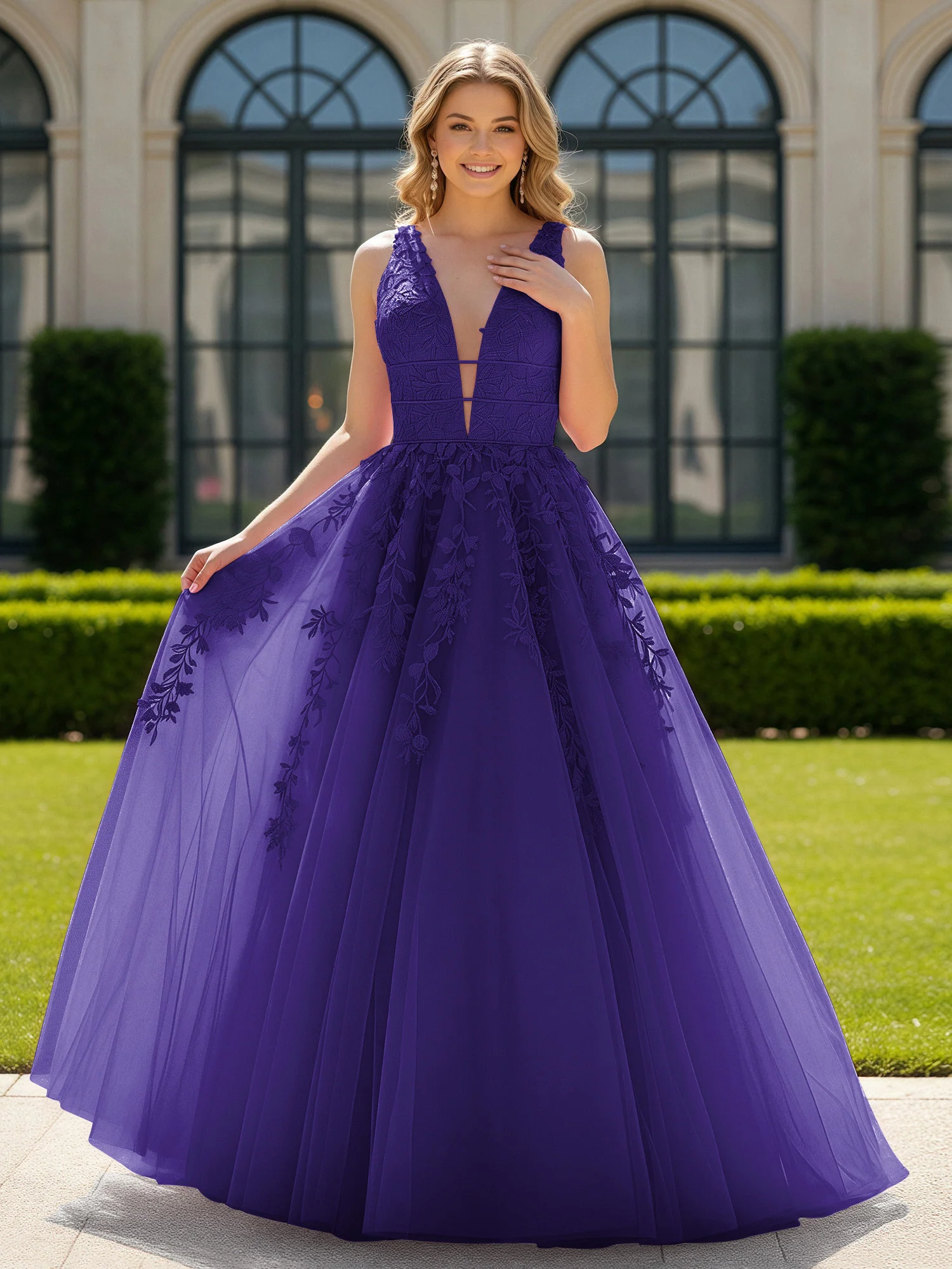 Appliqued Tulle Open Back Plunging V-Neck Prom Dress Regency