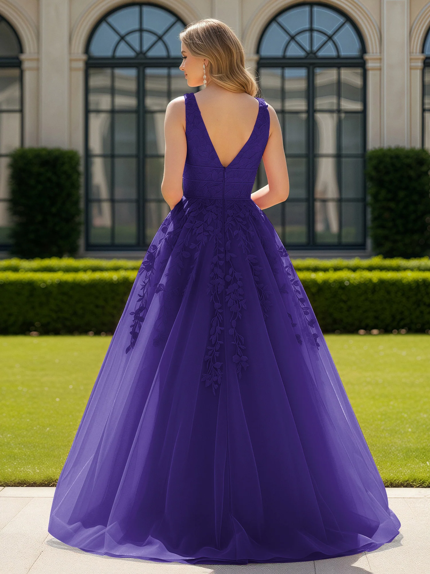Appliqued Tulle Open Back Plunging V-Neck Prom Dress Regency - Image 2