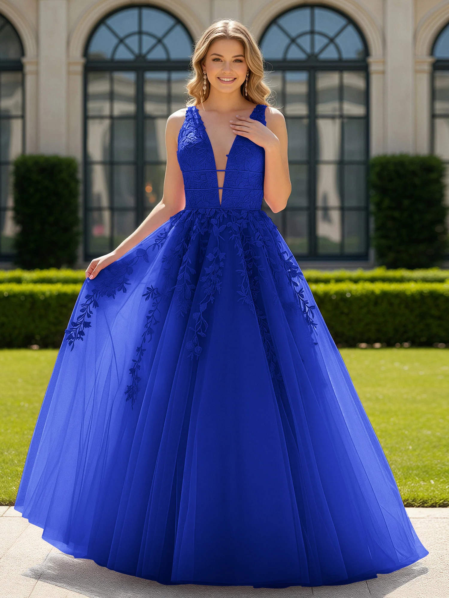 Appliqued Tulle Open Back Plunging V-Neck Prom Dress Royal Blue
