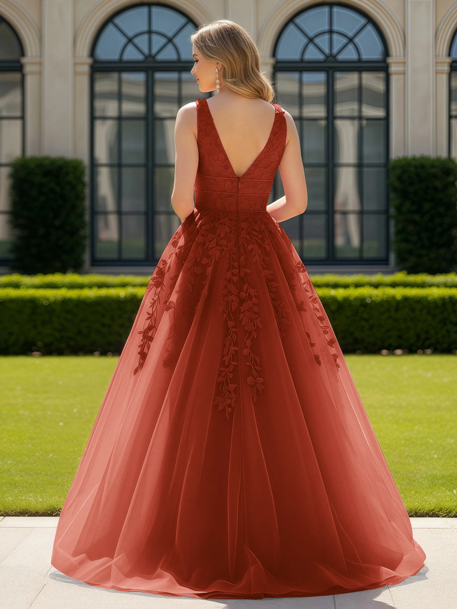 Appliqued Tulle Open Back Plunging V-Neck Prom Dress Rust - Image 2