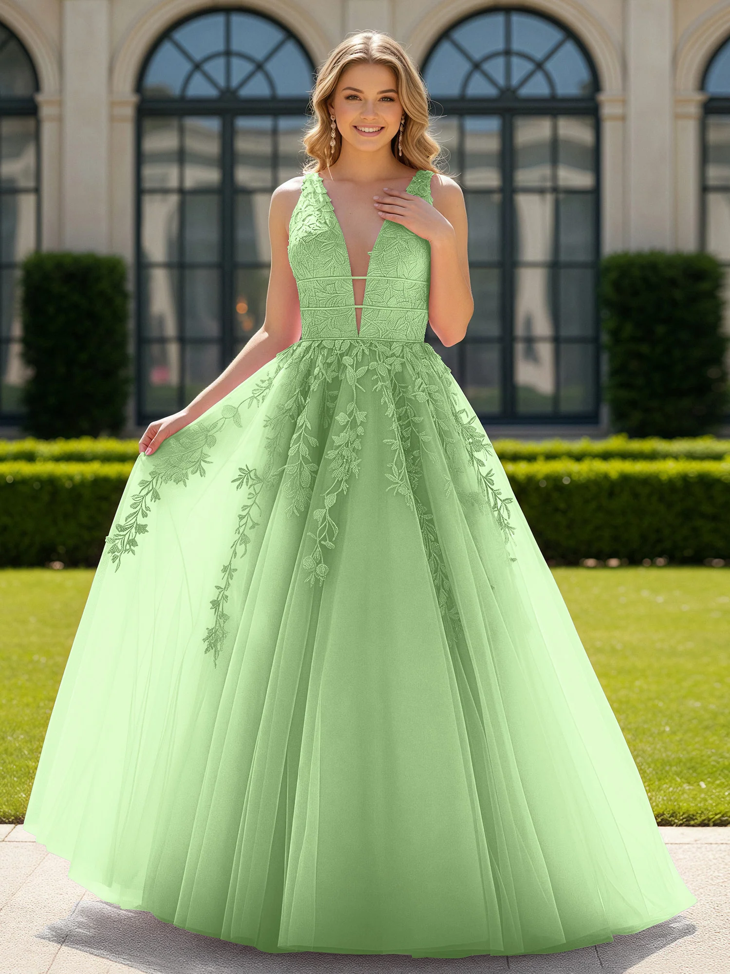 Appliqued Tulle Open Back Plunging V-Neck Prom Dress Sage