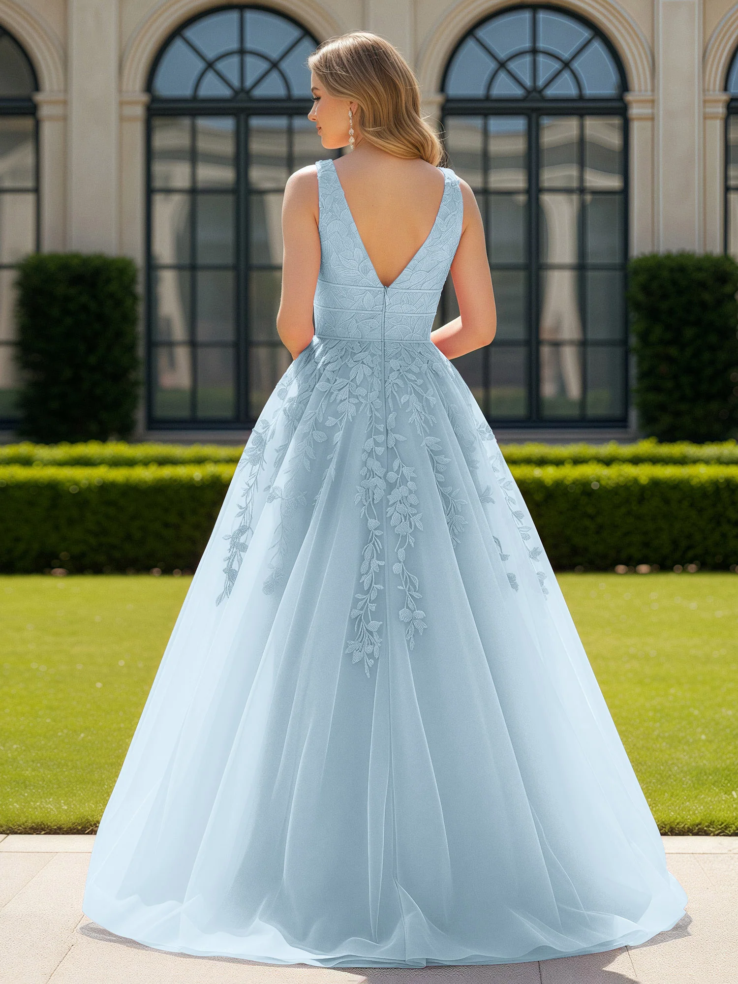 Appliqued Tulle Open Back Plunging V-Neck Prom Dress Sky Blue - Image 2