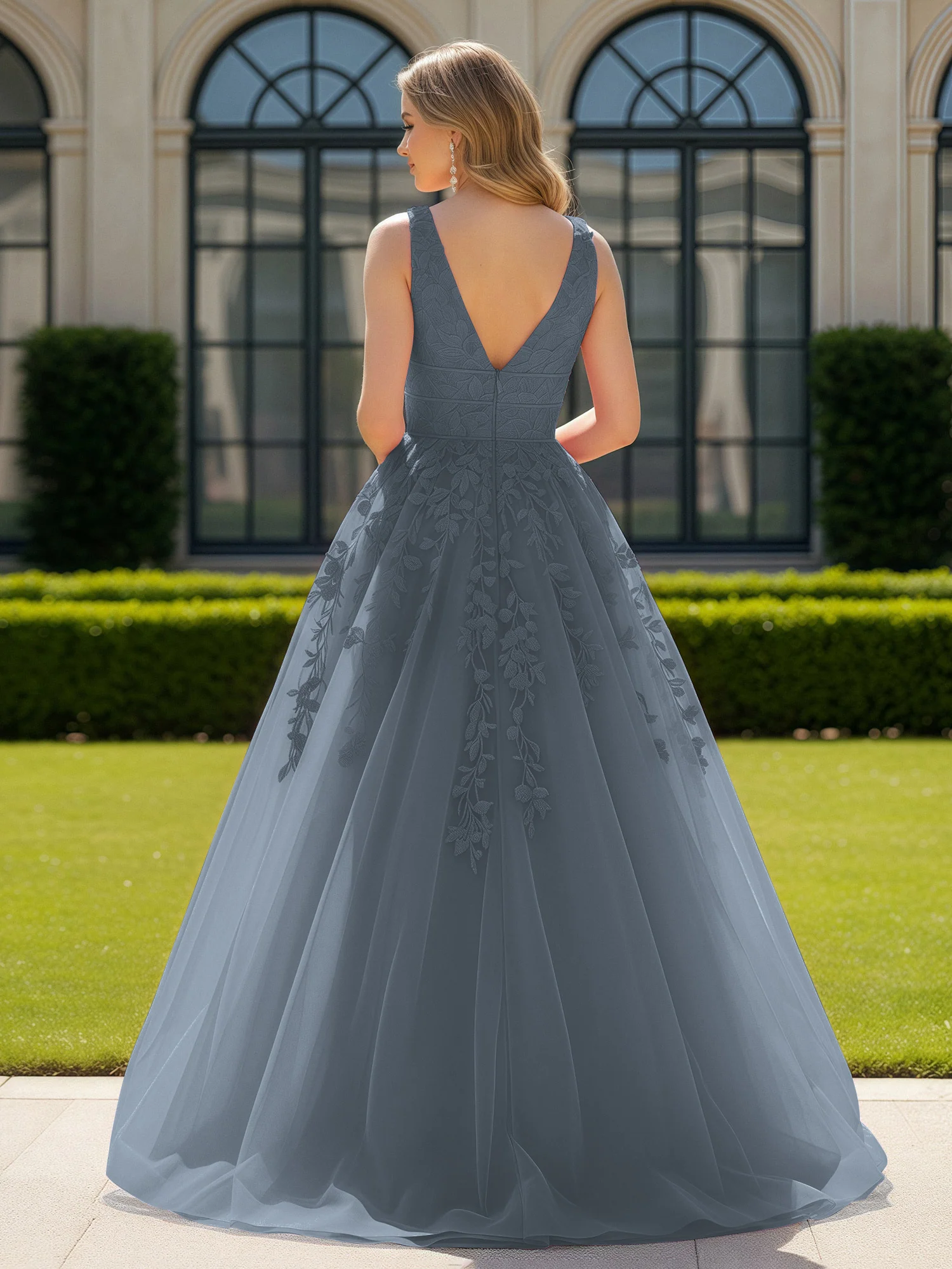 Appliqued Tulle Open Back Plunging V-Neck Prom Dress Slate Blue - Image 2